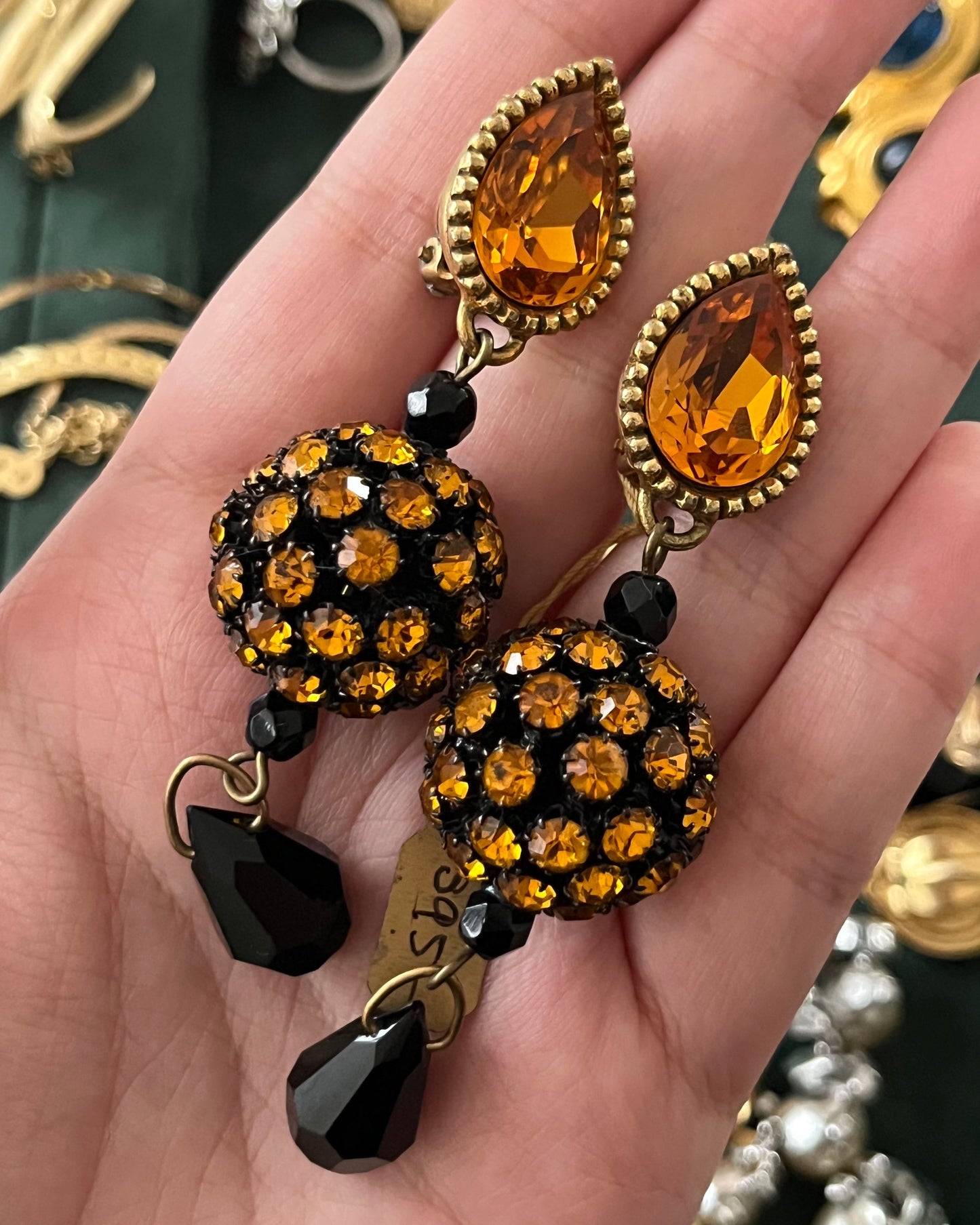Vintage Yves Saint Laurent Rive Gauche YSL Orange Rhinestone Ball Dangle Drop Long Shoulder Brush Gold-Tone Clip-On Earrings