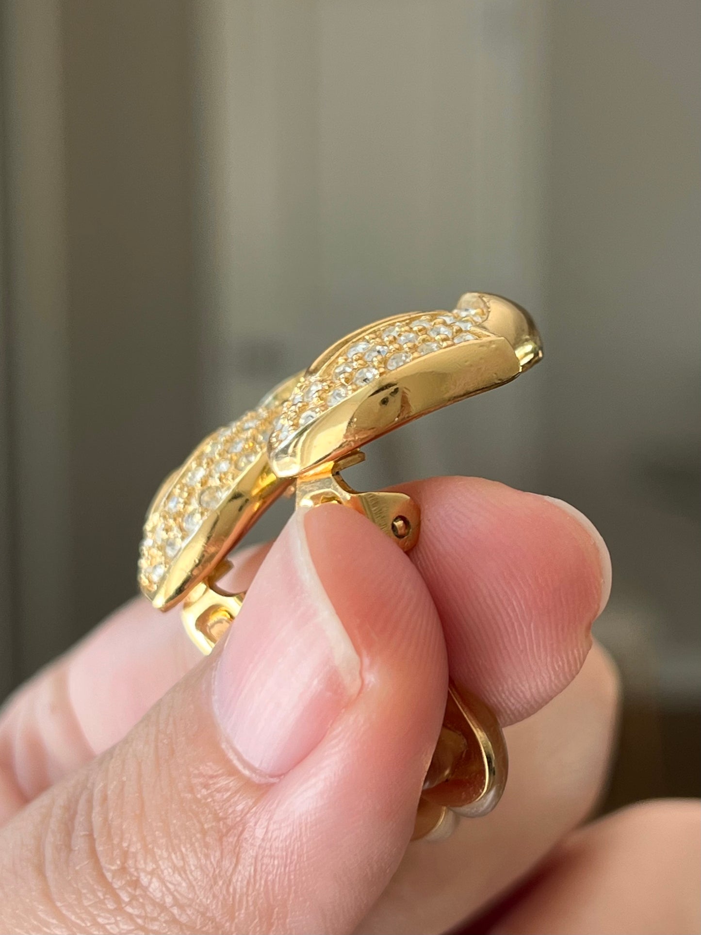 Vintage Christian Dior Pedal Flame Rhinestone Pavé Gold-Tone Clip-On Earrings