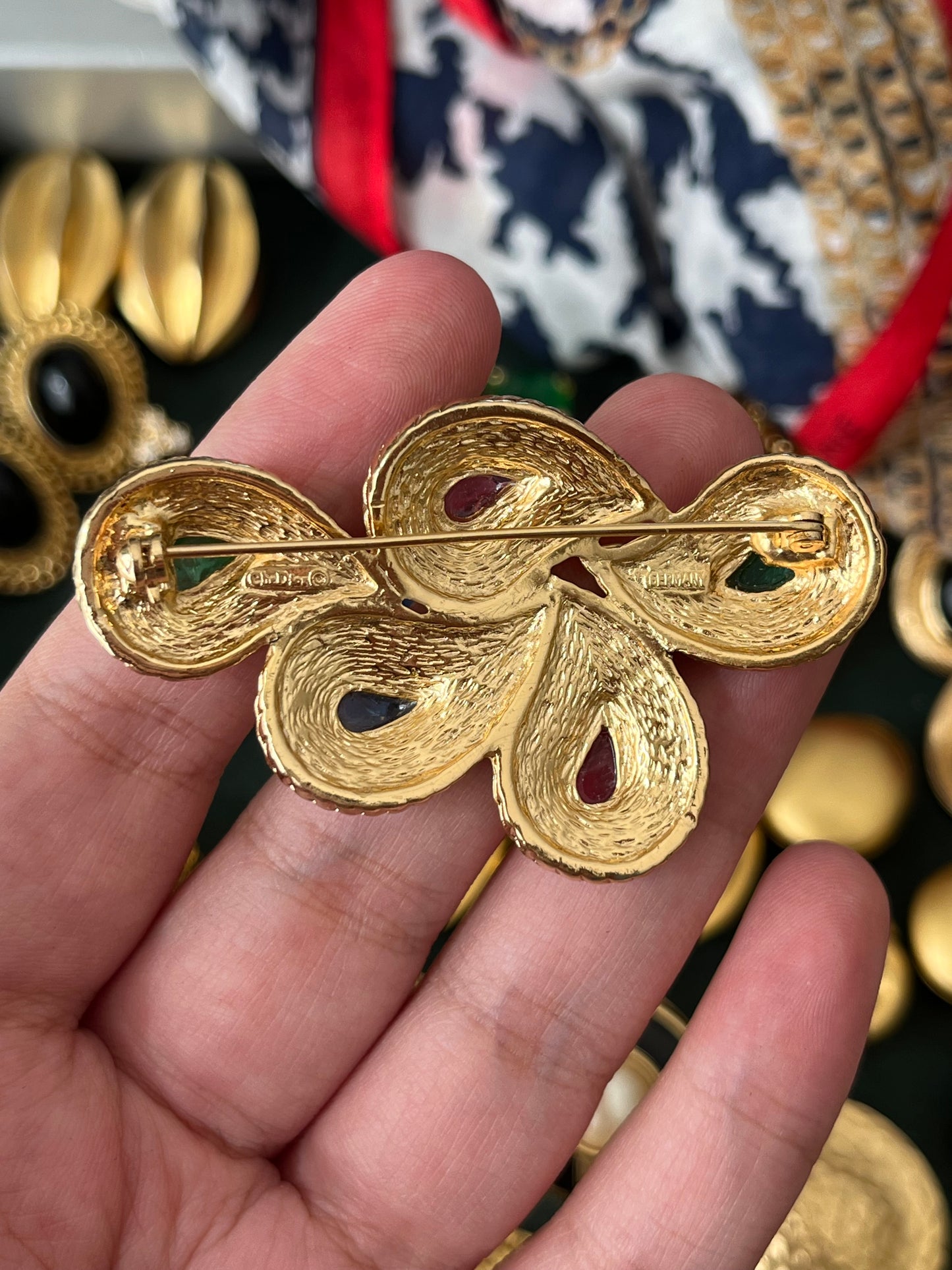 Vintage Christian Dior "Phoenix's Feather" Paisley Tri-Color Poured Glass Cabochon Gold-Tone Brooch