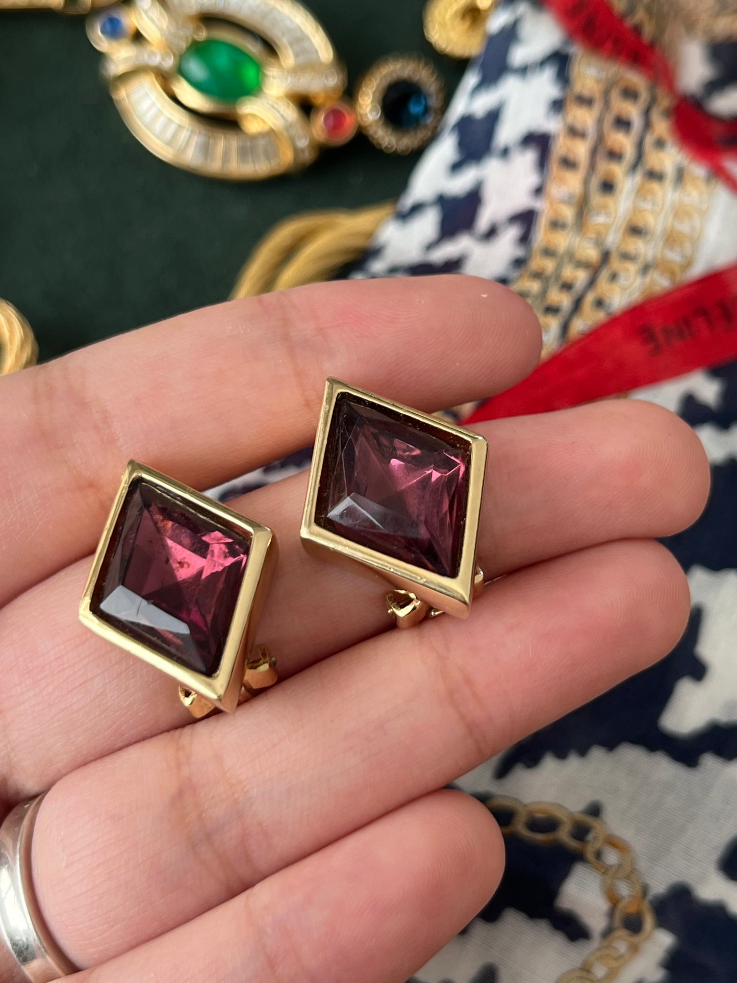 Vintage Christian Dior Diamond Cut Purple Rhinestone Bezel Set Gold-Tone Clip-On Earrings