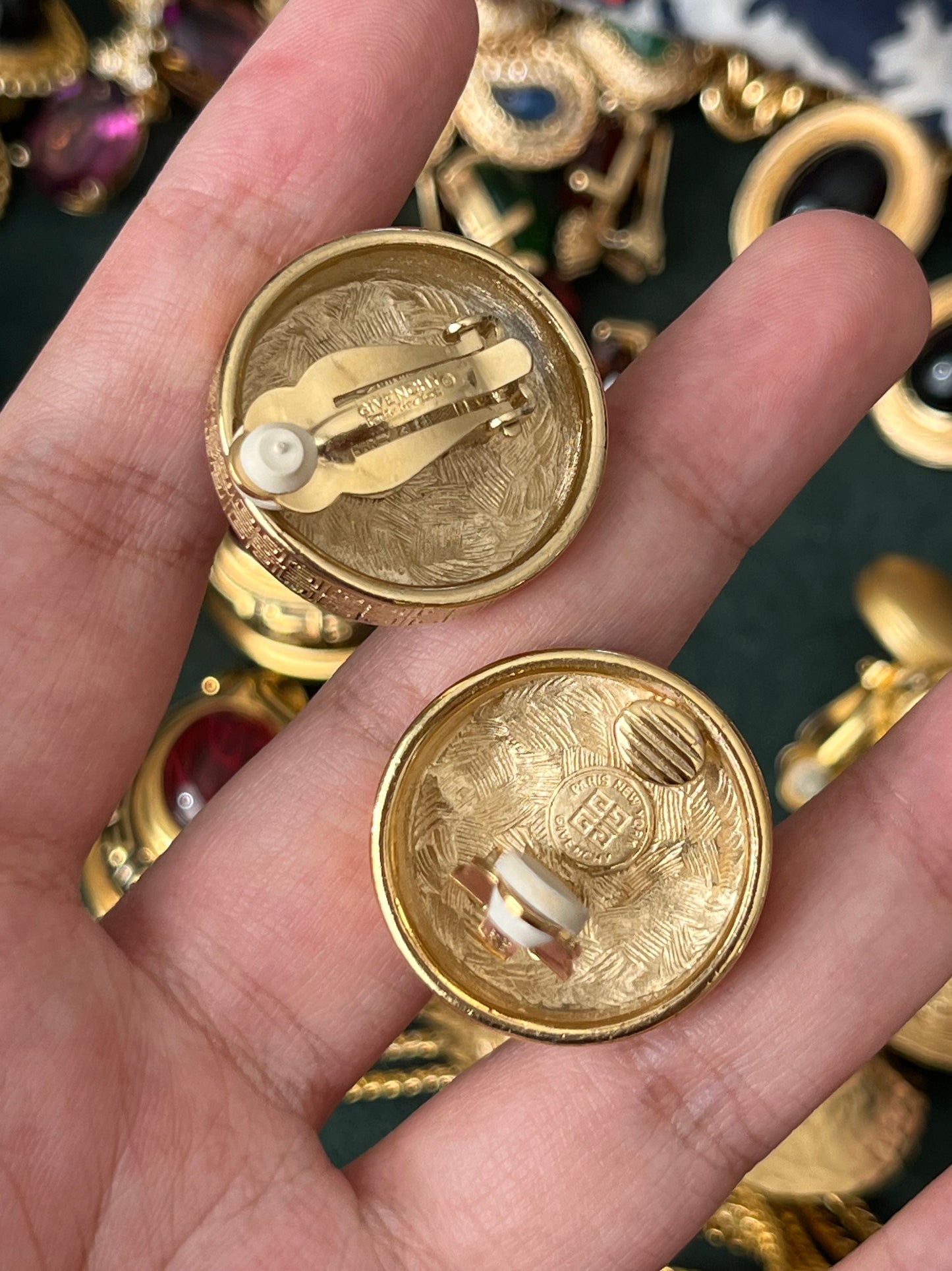 Vintage Givenchy Classic "G" Logo Pearl Black Enamel Round Gold-Plated Clip-On Earrings