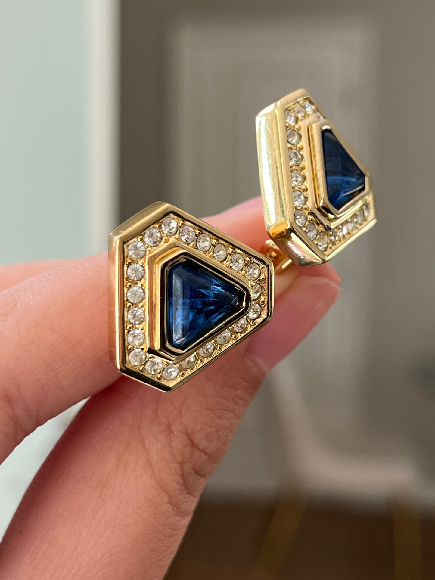 Vintage Christian Dior Triangular Blue Molded Glass Cabochon Rhinestone Gold-Tone Clip-On Earrings