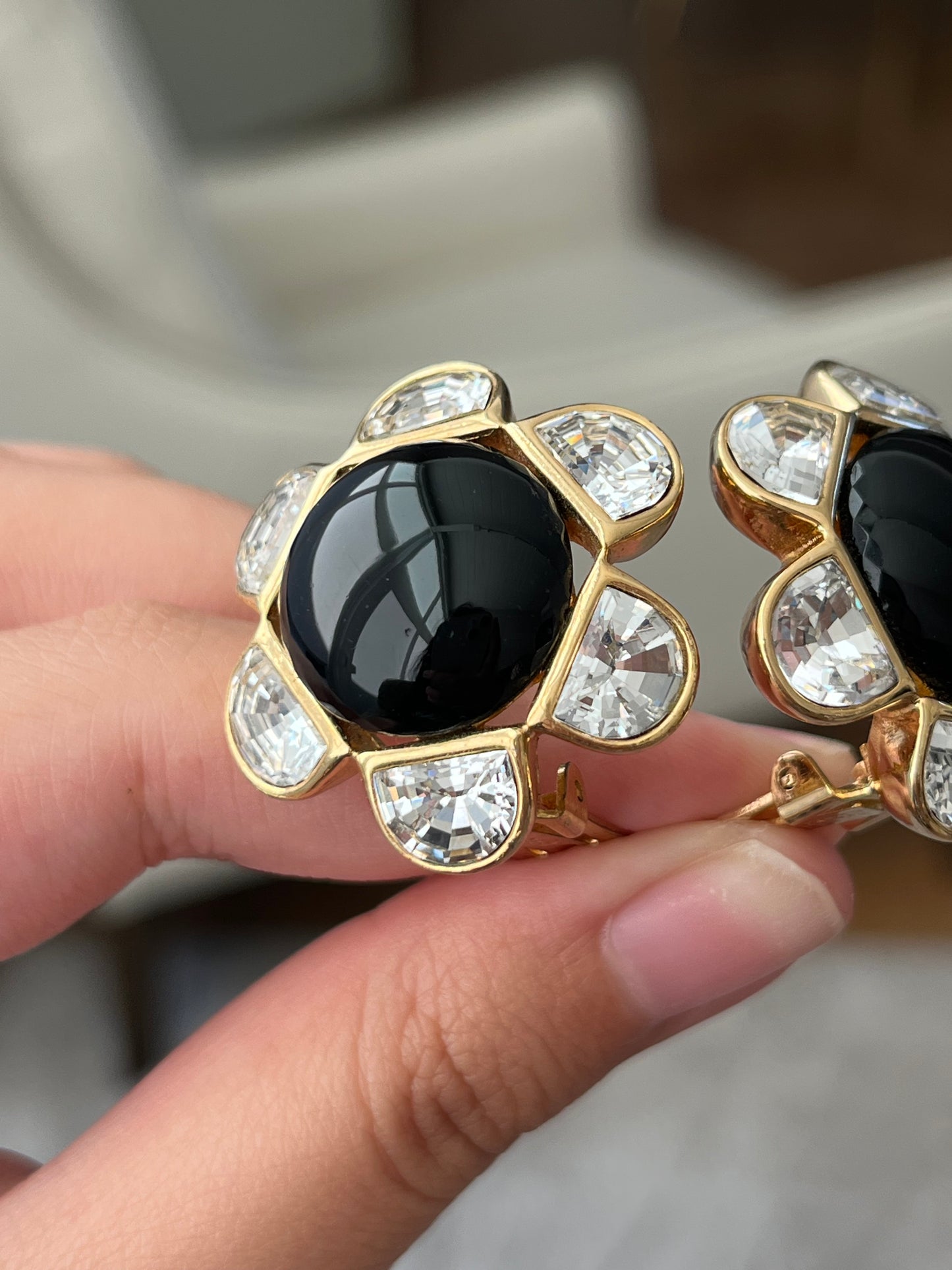 Vintage Christian Dior Flower Round Black Poured Glass Cabochon Large Rhinestone Pedal Gold-Plated Clip-On Earrings