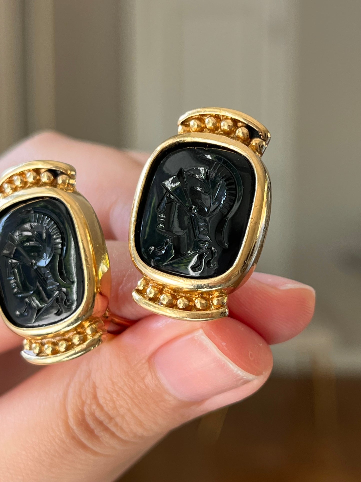 Vintage Givenchy Greek Hoplite Cameo Black Molded Glass Cabochon Gold-Tone Clip-On Earrings