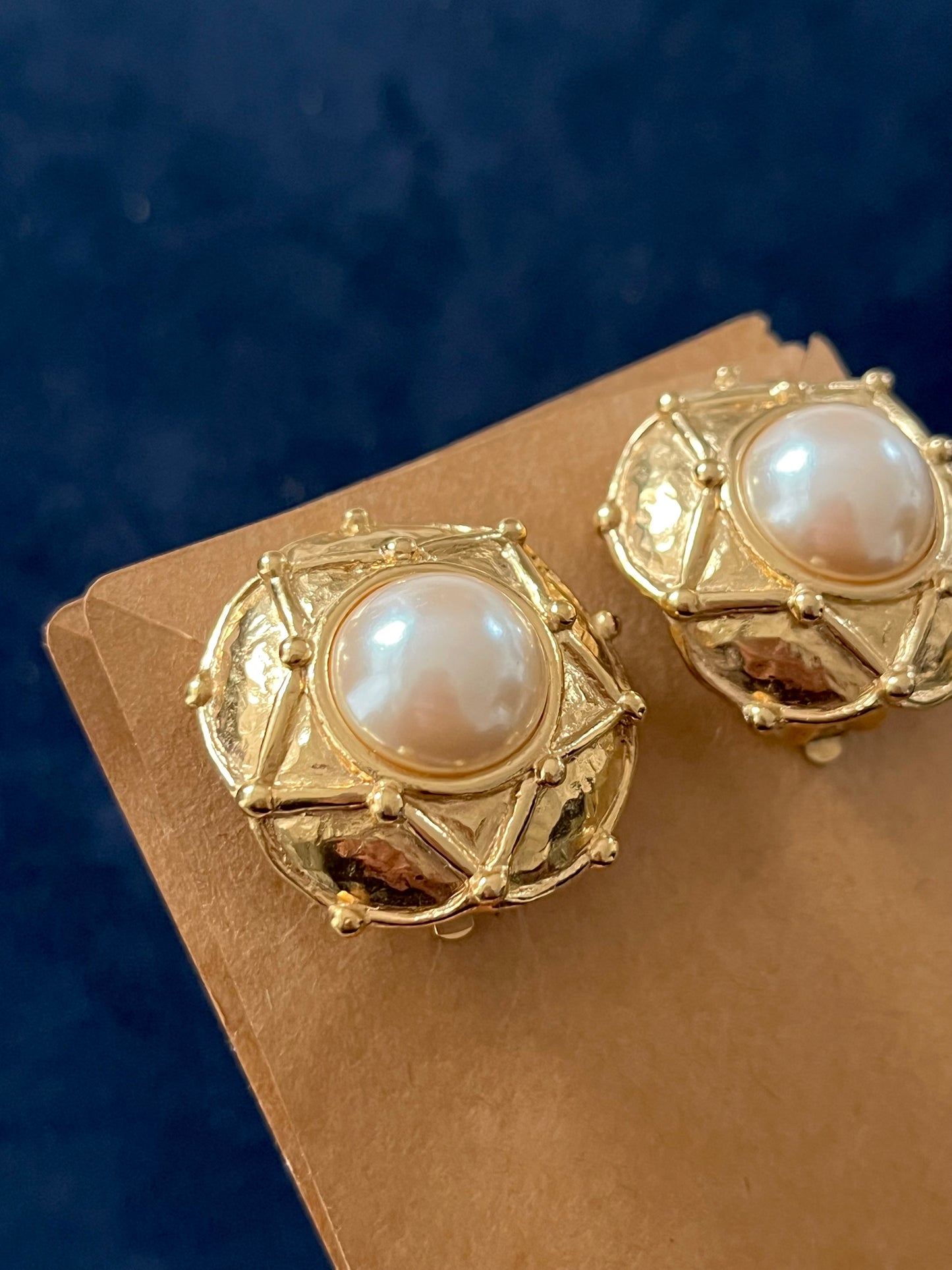 Vintage Givenchy Pearl Quilted Checkered Edge Round Gold-Tone Clip-On Earrings