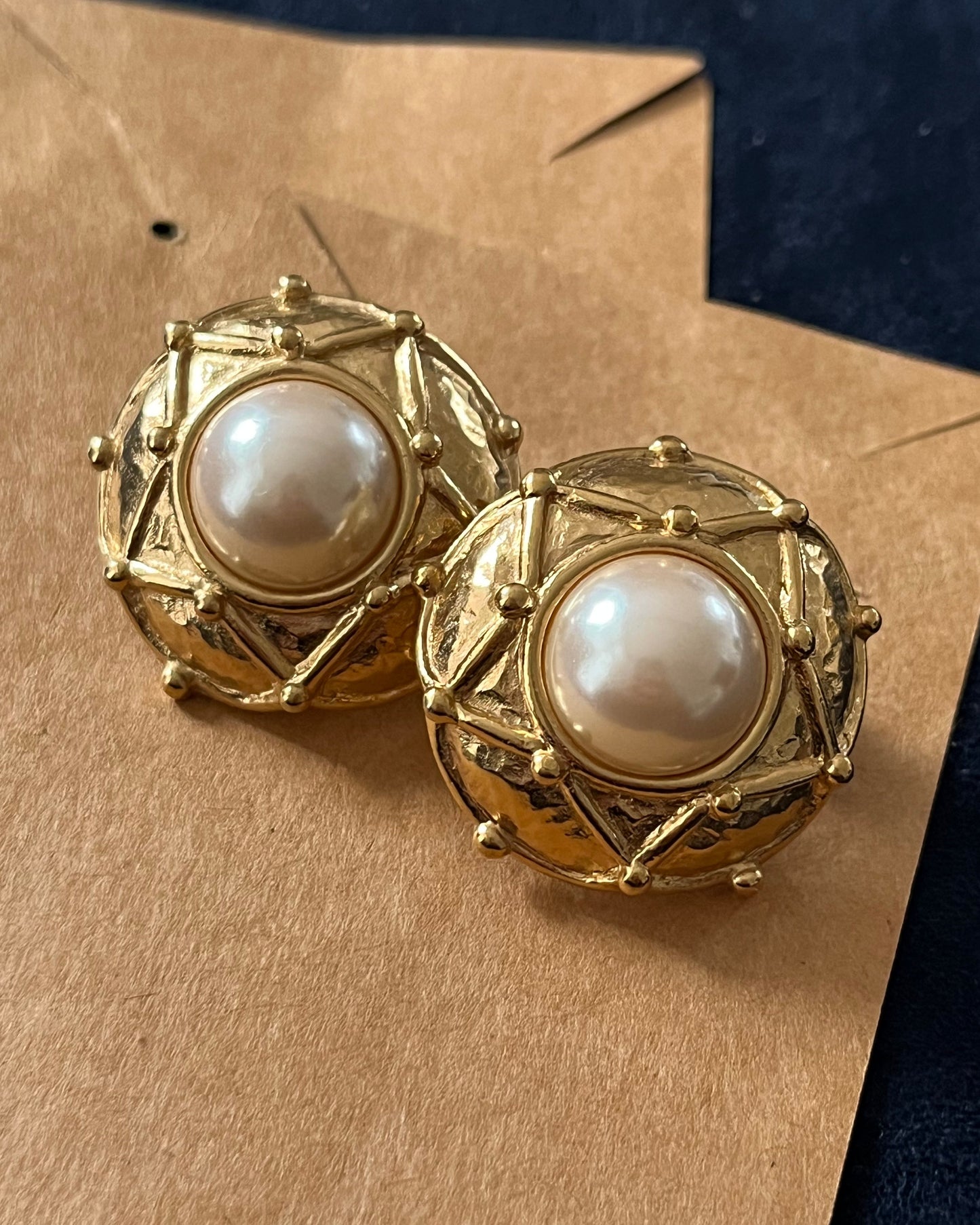 Vintage Givenchy Pearl Quilted Checkered Edge Round Gold-Tone Clip-On Earrings