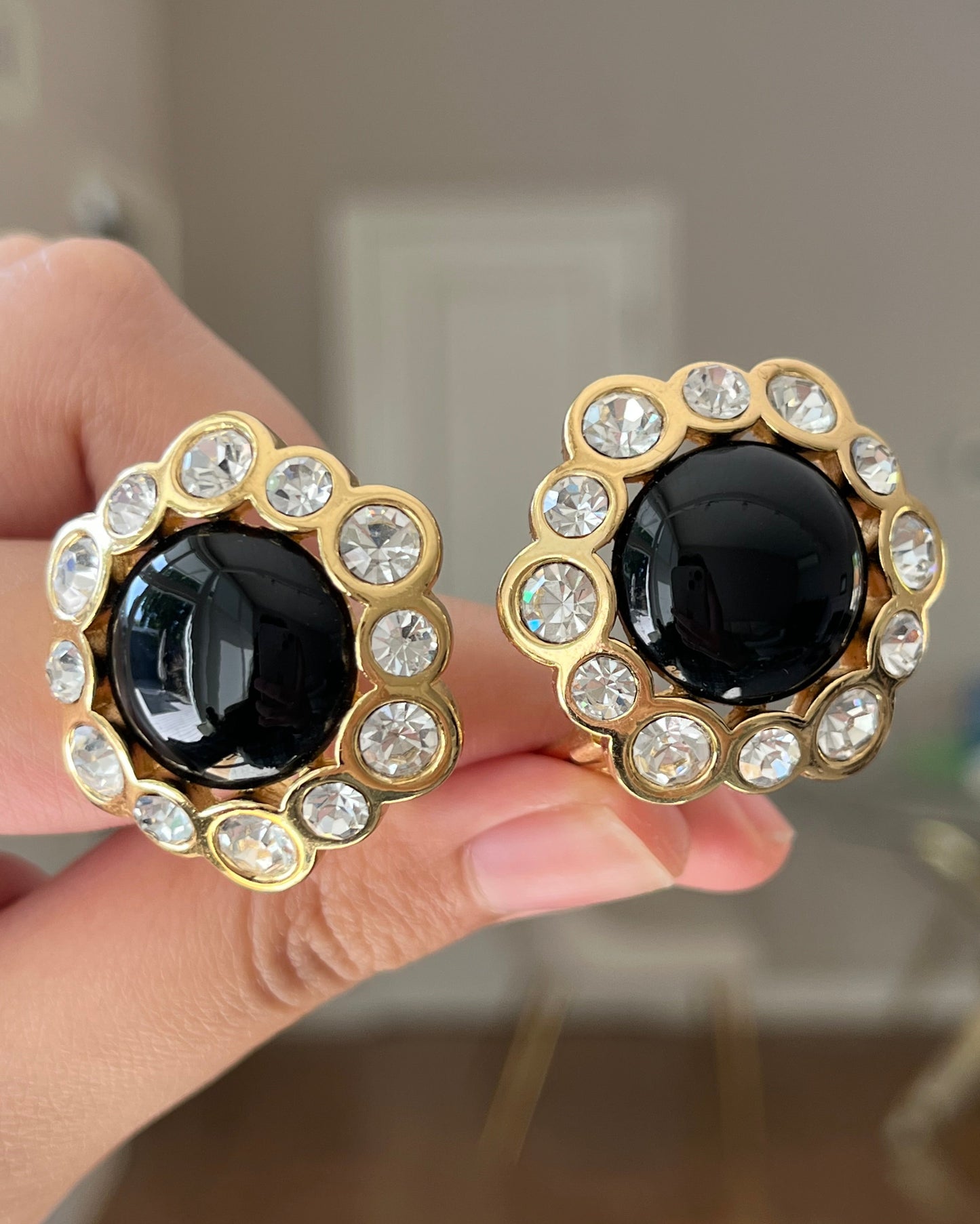 Vintage Christian Dior Flower Round Black Poured Glass Cabochon Large Rhinestone Edge Gold-Tone Clip-On Earrings