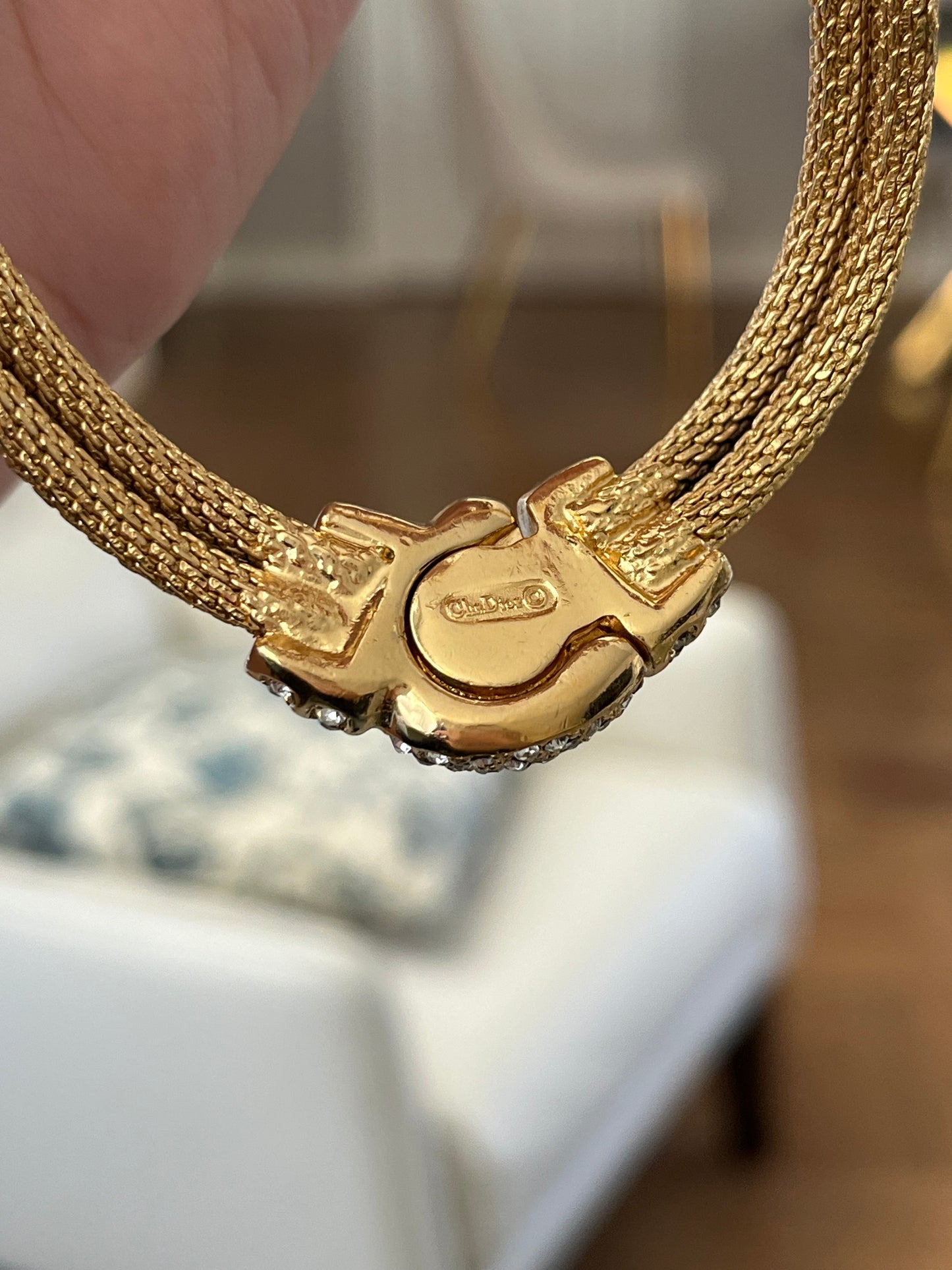 Vintage Christian Dior Rhinestone Pavé Braided Mesh Chain Gold-Tone Choker Necklace