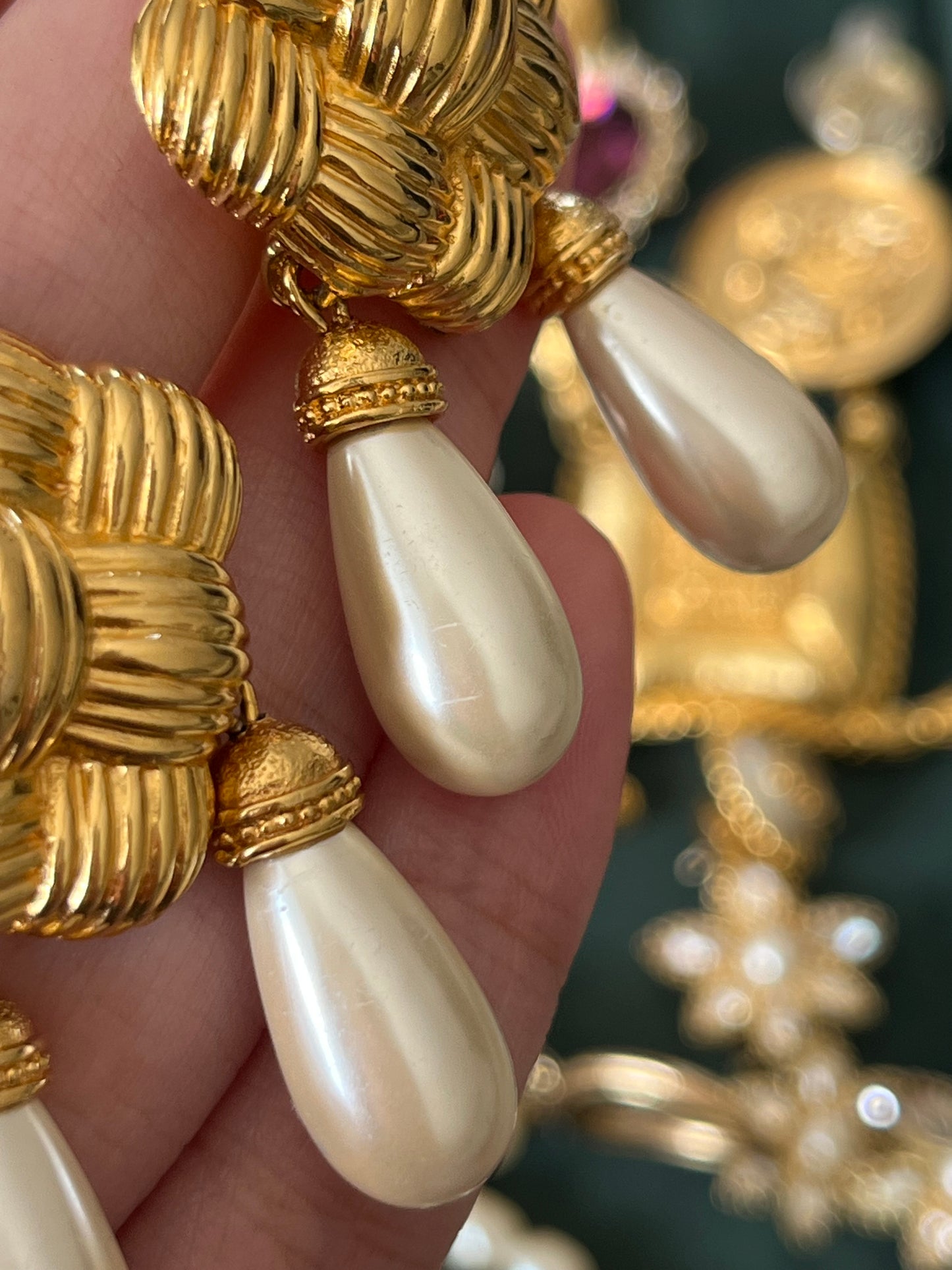 Vintage Fendi "Braided Croissant" Collection Pearl Dangle Drop Gold-Tone Clip-On Earrings