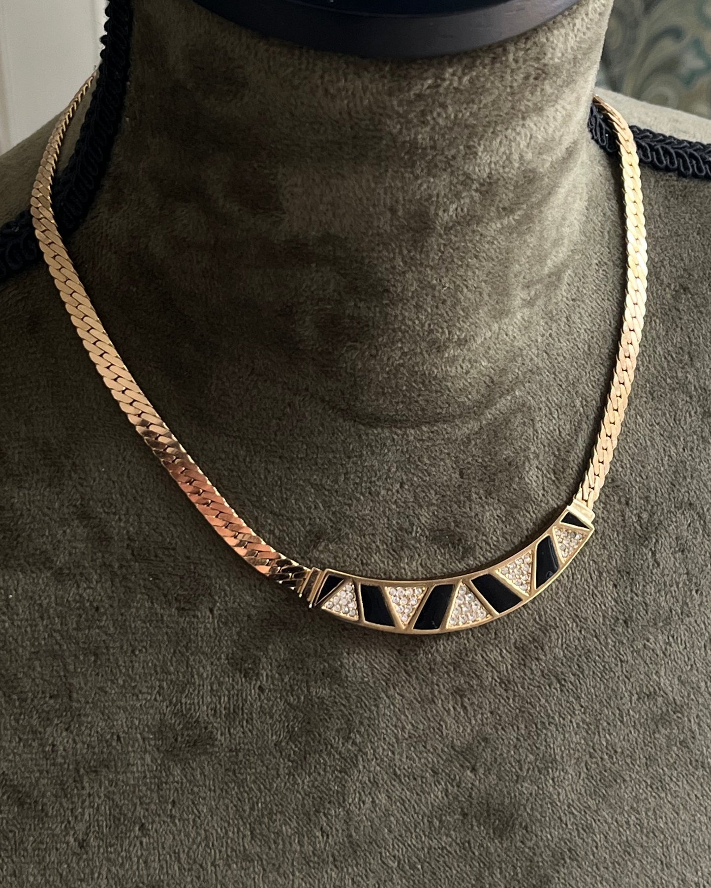 Vintage Christian Dior "Zebra" Crescent Moon Hoop Black Enamel Rhinestone Pavé Gold-Ton Chain Necklace