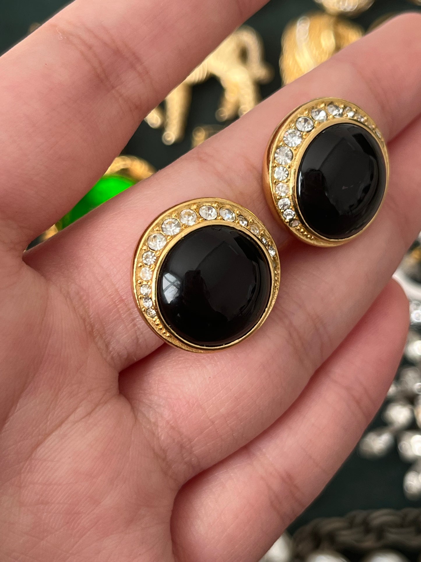 Vintage Christian Dior Round Black Poured Glass Cabochon Rhinestone Gold-Tone Clip-On Earrings
