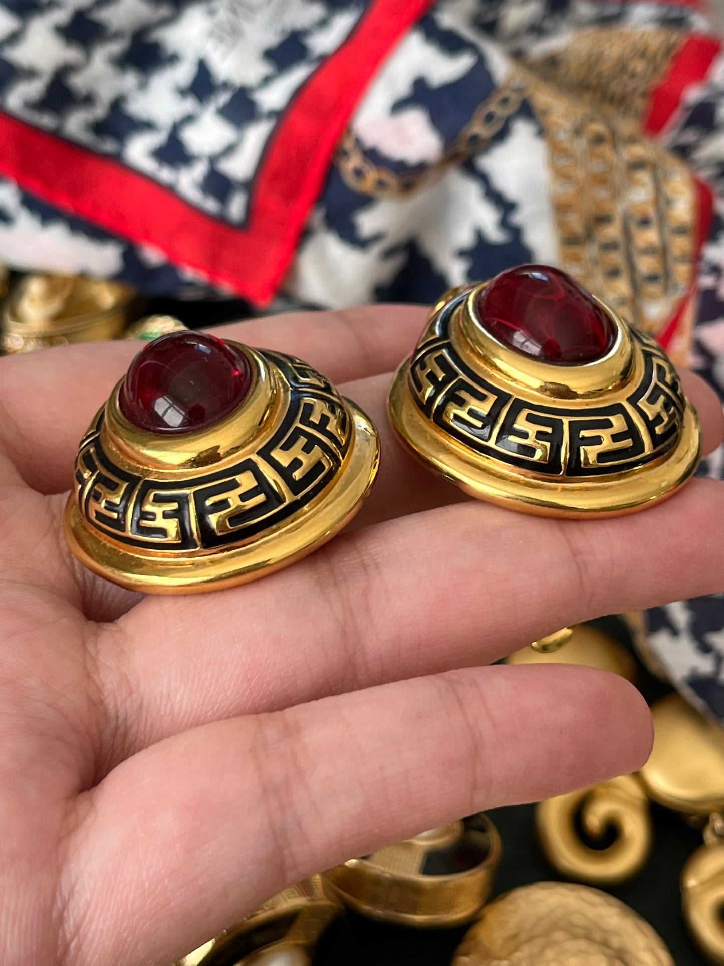 Vintage Fendi "Tulip" Collection Oval Red Swirly Poured Glass Cabochon Black Enamel Logo Gold-Tone Clip-On Earrings