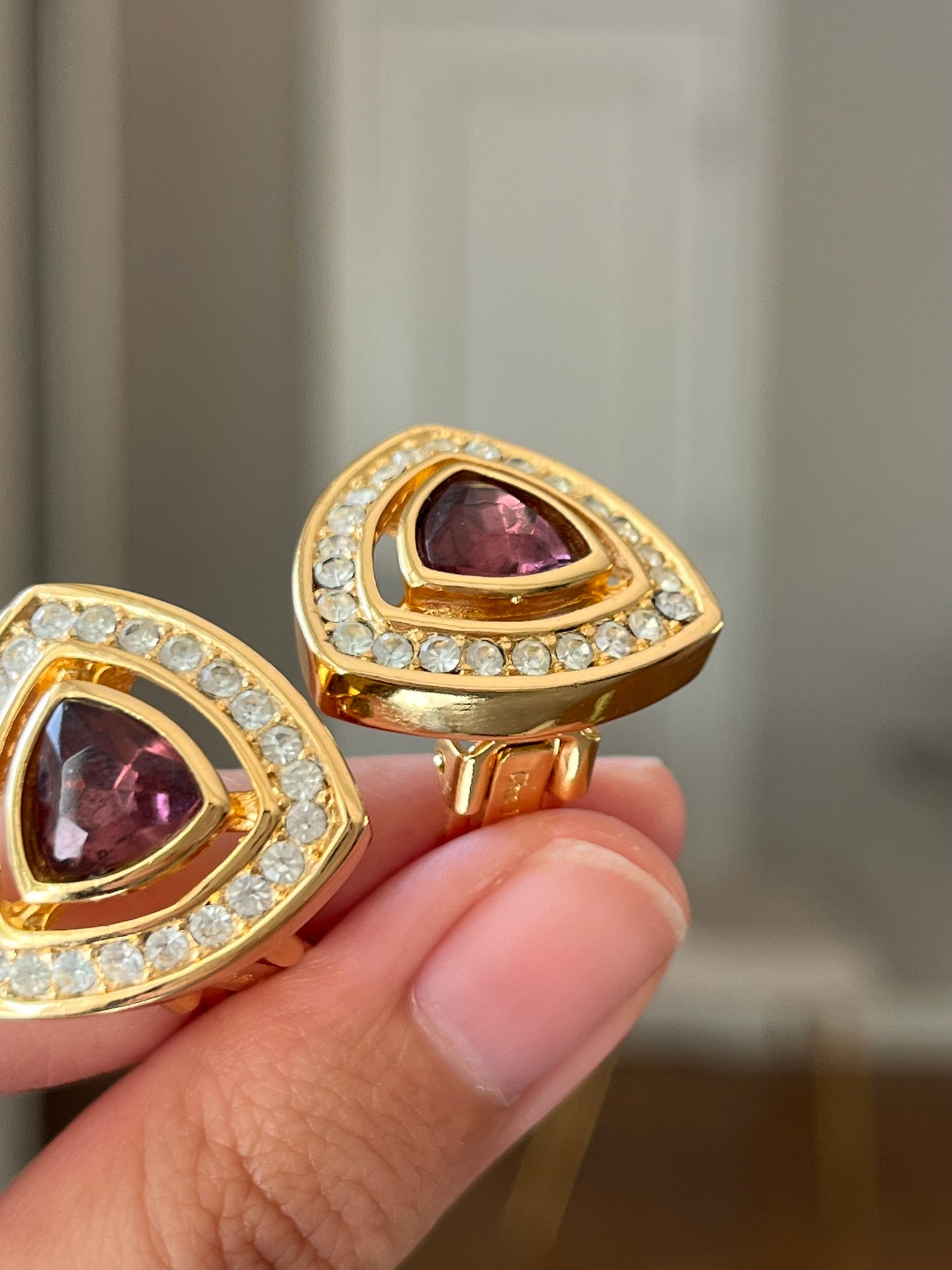 Vintage Christian Dior Triangular Purple Rhinestone Hollow Edge Gold-Tone Clip-On Earrings