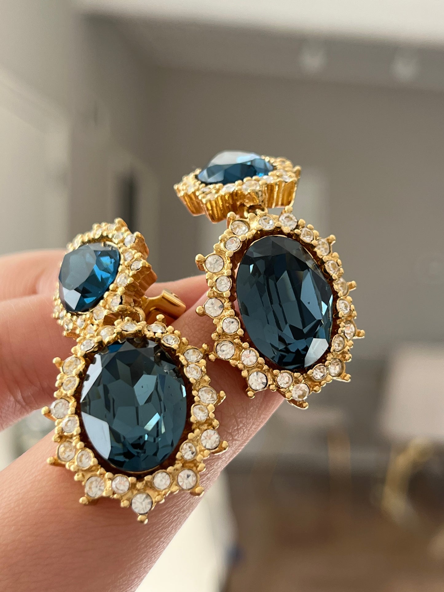 Vintage Christian Dior "Starburst" Collection Oval Blue Rhinestone Drop Dangle Gold-Tone Clip-On Earrings