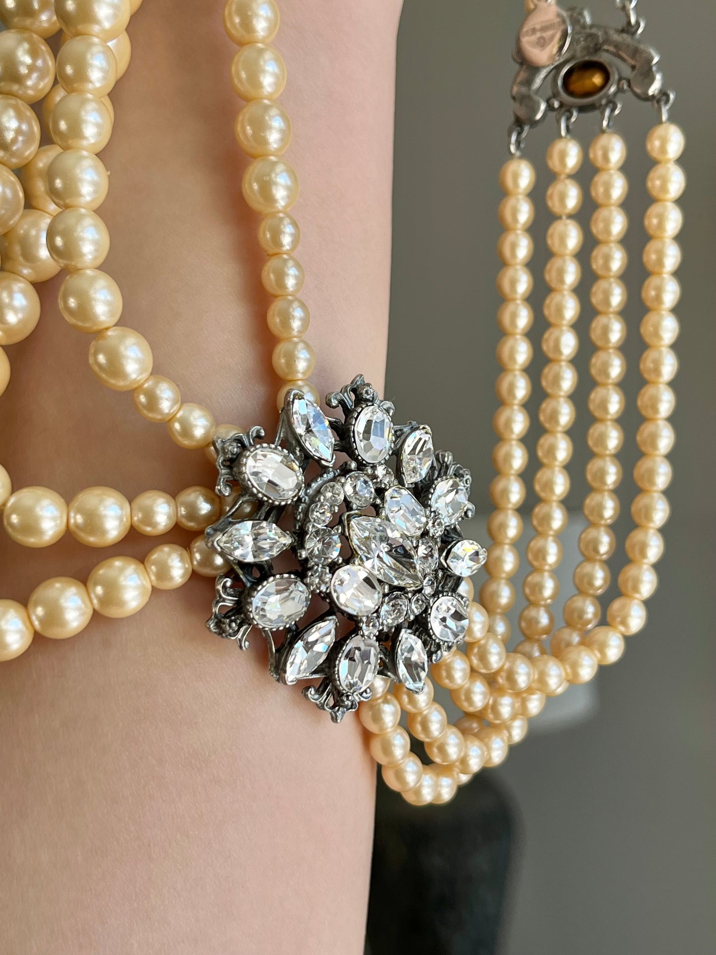 Vintage Ben-Amun Maltese Flower Accent Pearl Beaded Four-Stranded Layered Long Silver-Tone Statement Necklace