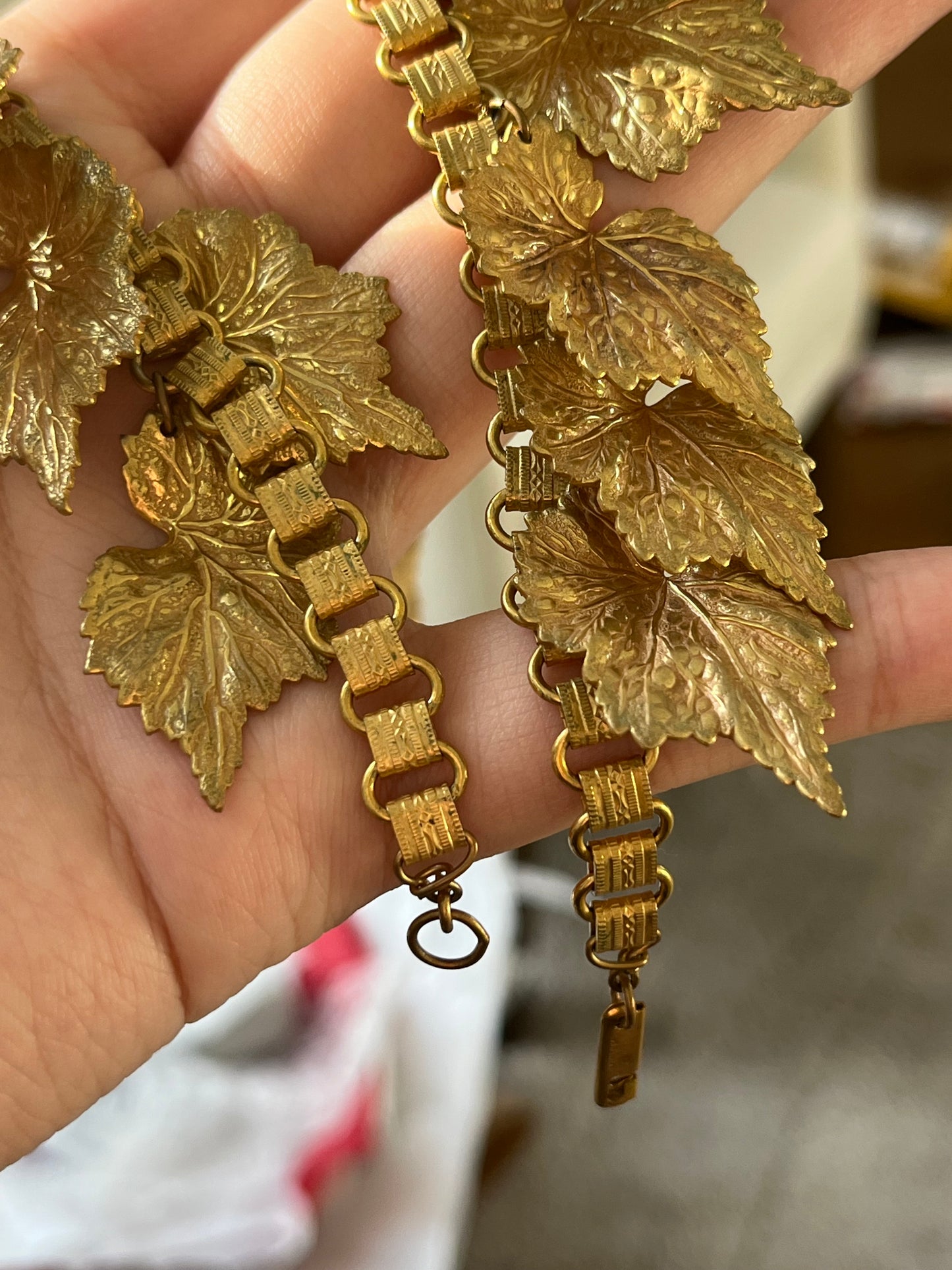 Vintage Miriam Haskell "Vine" Collection Vine Leaf Droplet Bib Collar Bronze Gold-Tone Statement Necklace