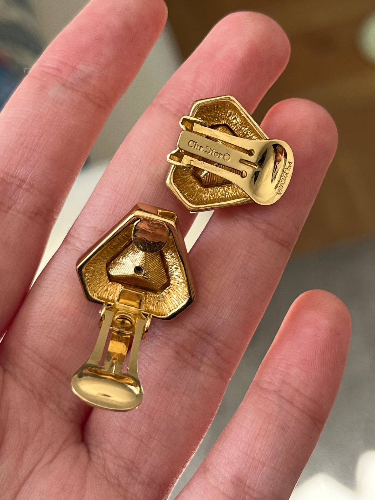 Vintage Christian Dior Triangular Blue Molded Glass Cabochon Rhinestone Gold-Tone Clip-On Earrings