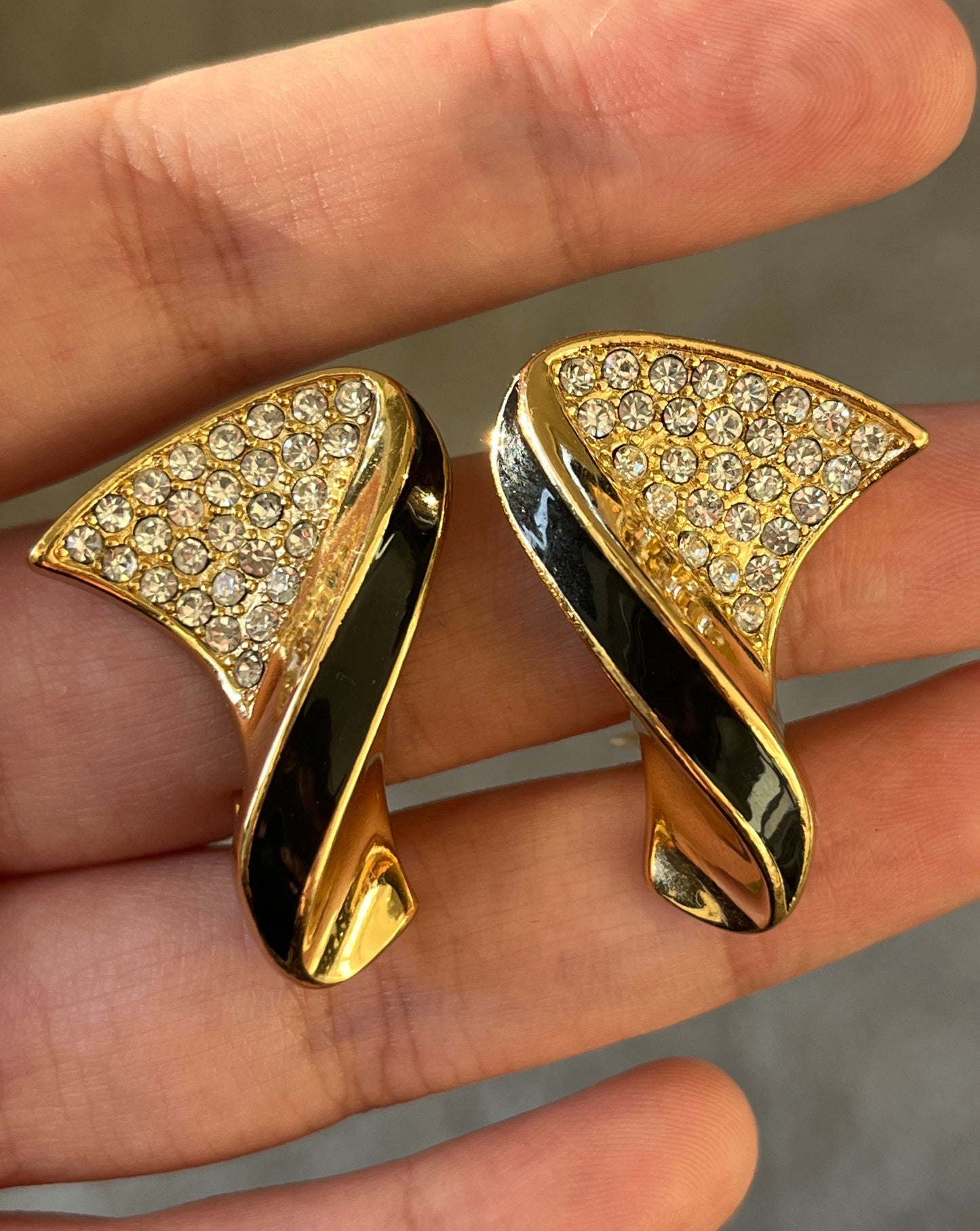 Vintage Christian Dior Classic Twisted Fan Black Enamel Rhinestone Pavé Gold-Tone Clip-On Earrings