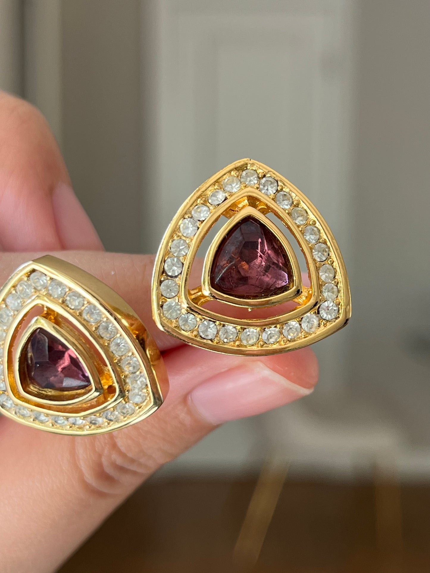 Vintage Christian Dior Triangular Purple Rhinestone Hollow Edge Gold-Tone Clip-On Earrings