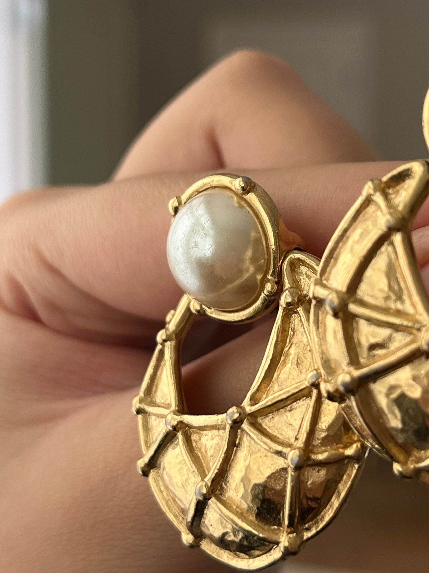 Vintage Givenchy Door Knocker Round Pearl Quilted Drop Gold-Tone Clip-On Earrings