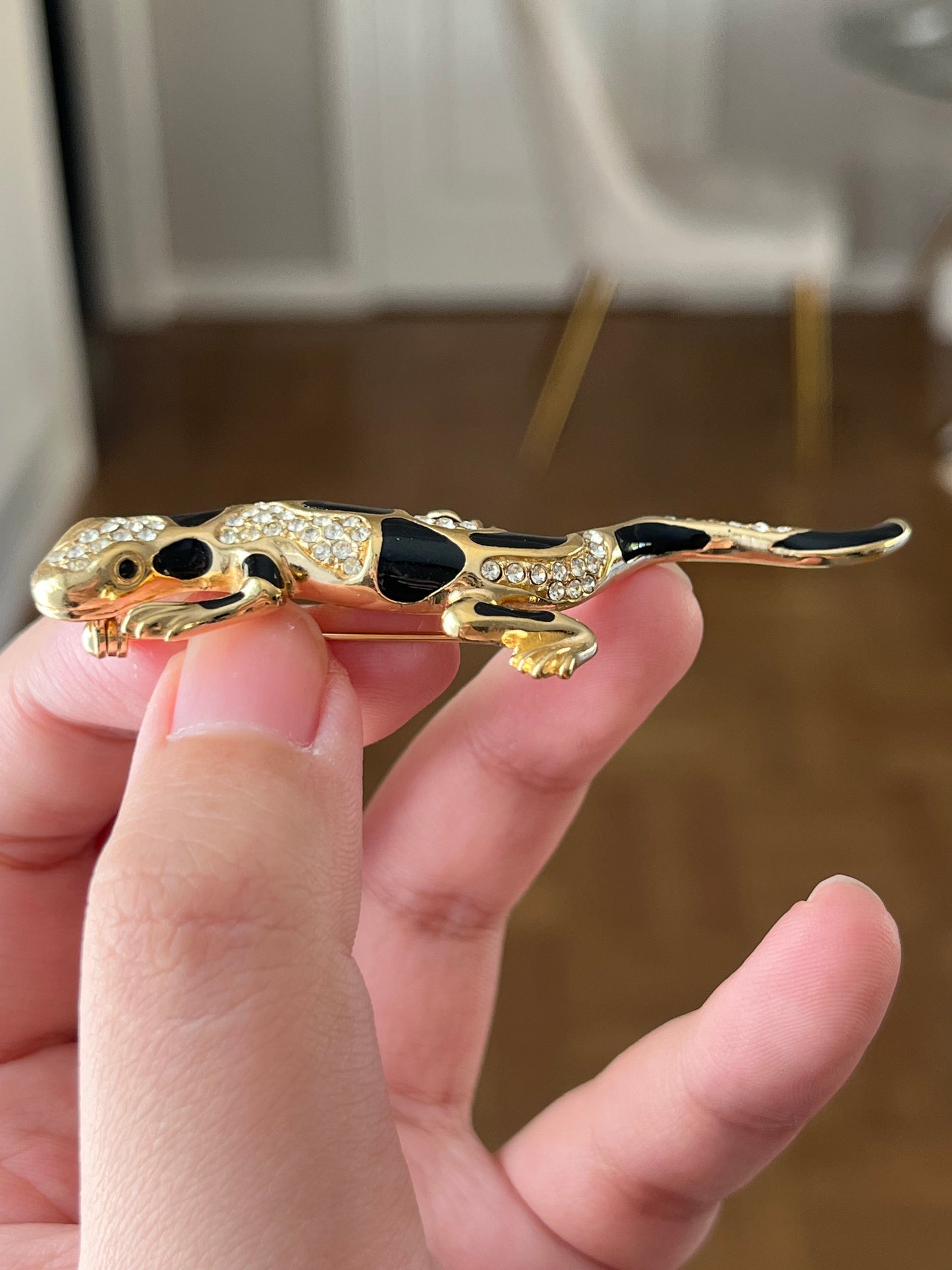 Vintage Christian Dior "Zoo" Collection Lizard Black Enamel Rhinestone Gold-Tone Brooch