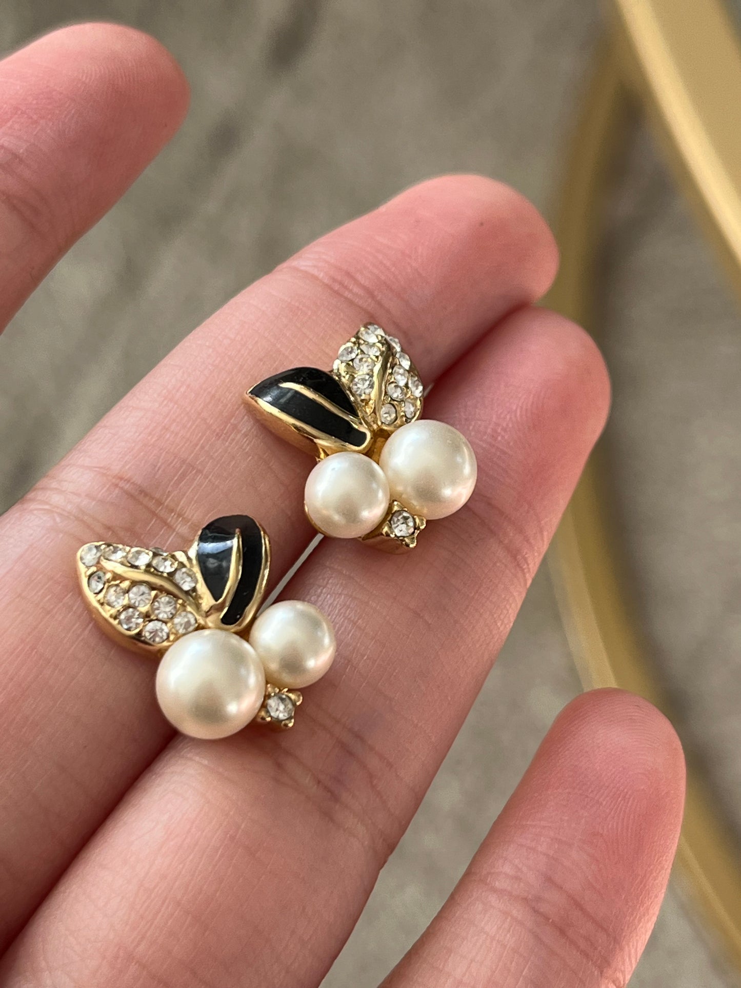 Vintage Christian Dior Fruit Round Pearl Black Enamel Rhinestone Pavé Gold-Tone 14k Gold Post Mini Pierced Earrings