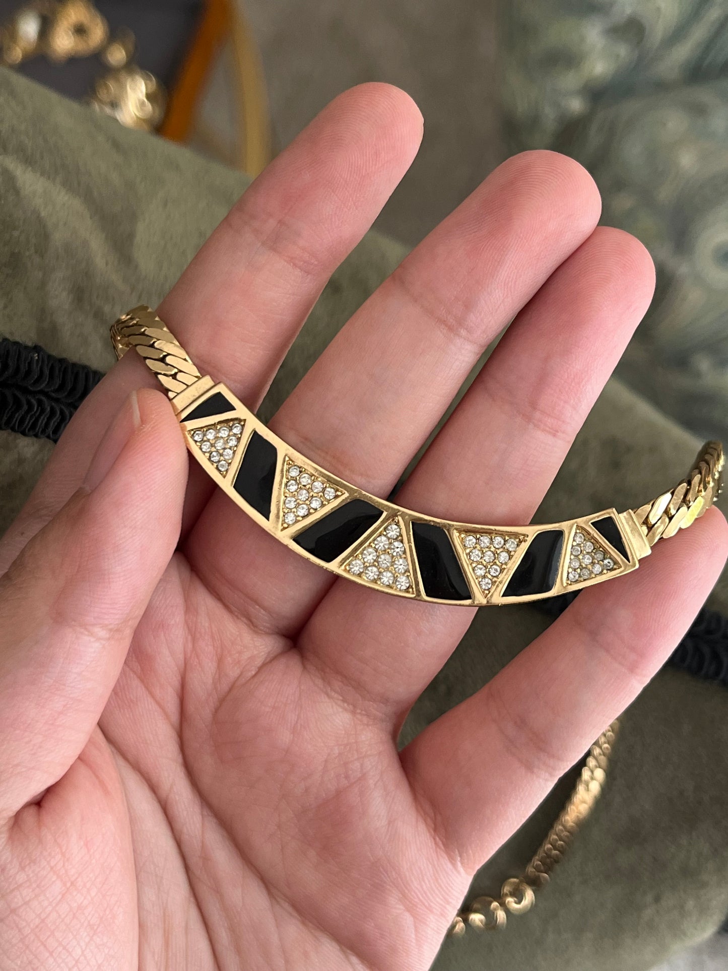 Vintage Christian Dior "Zebra" Crescent Moon Hoop Black Enamel Rhinestone Pavé Gold-Ton Chain Necklace