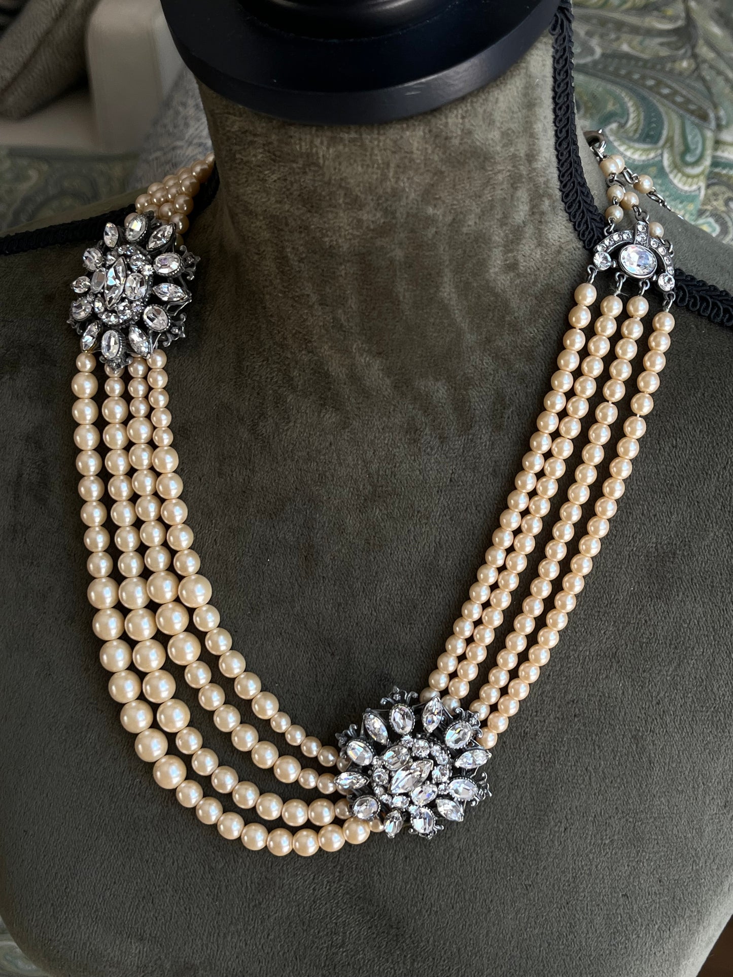Vintage Ben-Amun Maltese Flower Accent Pearl Beaded Four-Stranded Layered Long Silver-Tone Statement Necklace