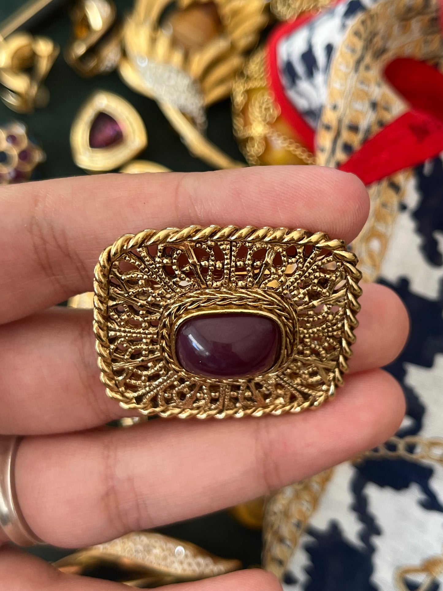 Vintage Givenchy "Filigree" Collection Book Piece Purple Resin Cabochon Rectangular Gold-Plated Brooch