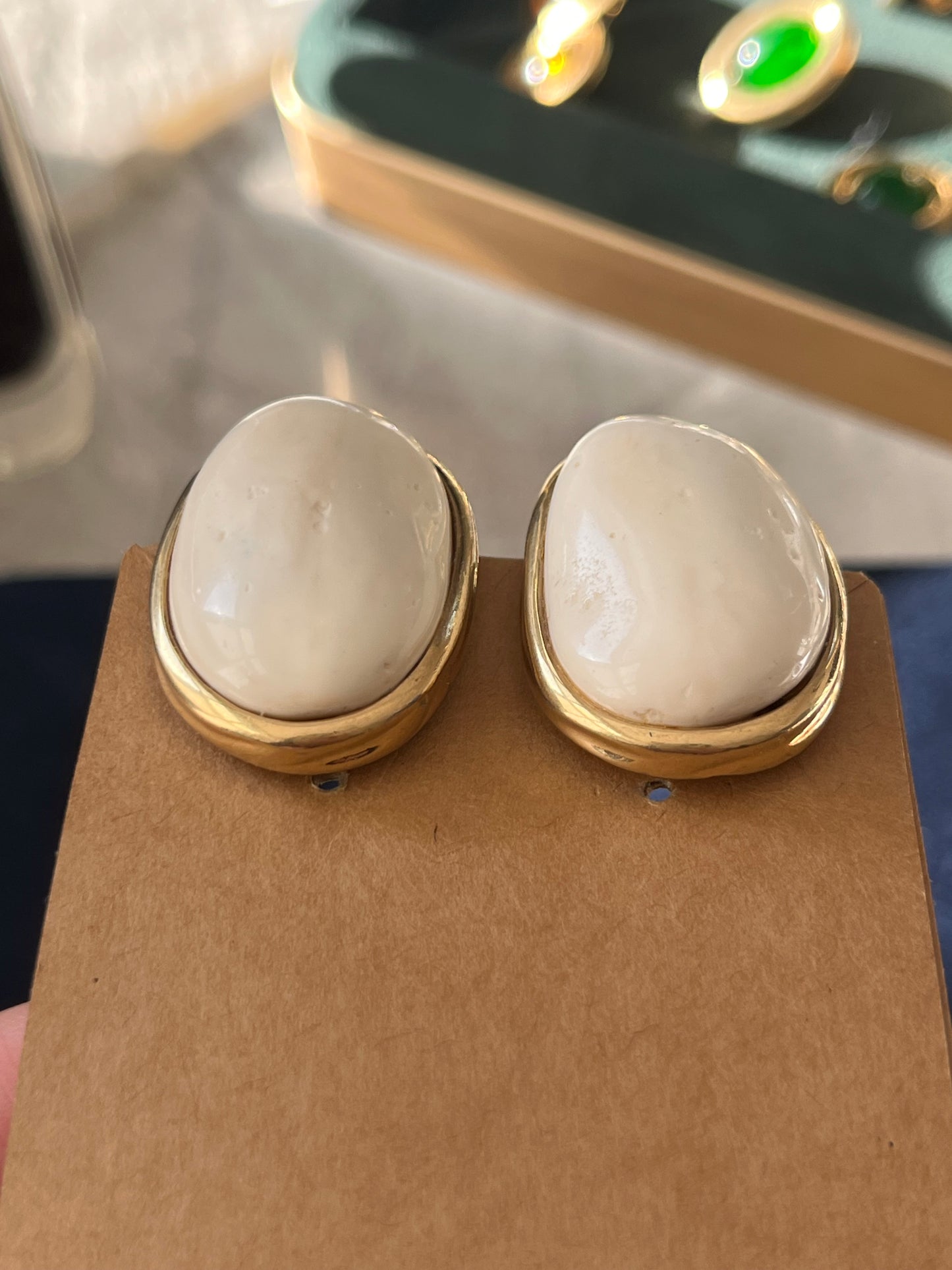 Vintage Givenchy Irregular Cream Faux Marble Shell Resin Cabochon Gold-Tone Clip-On Earrings