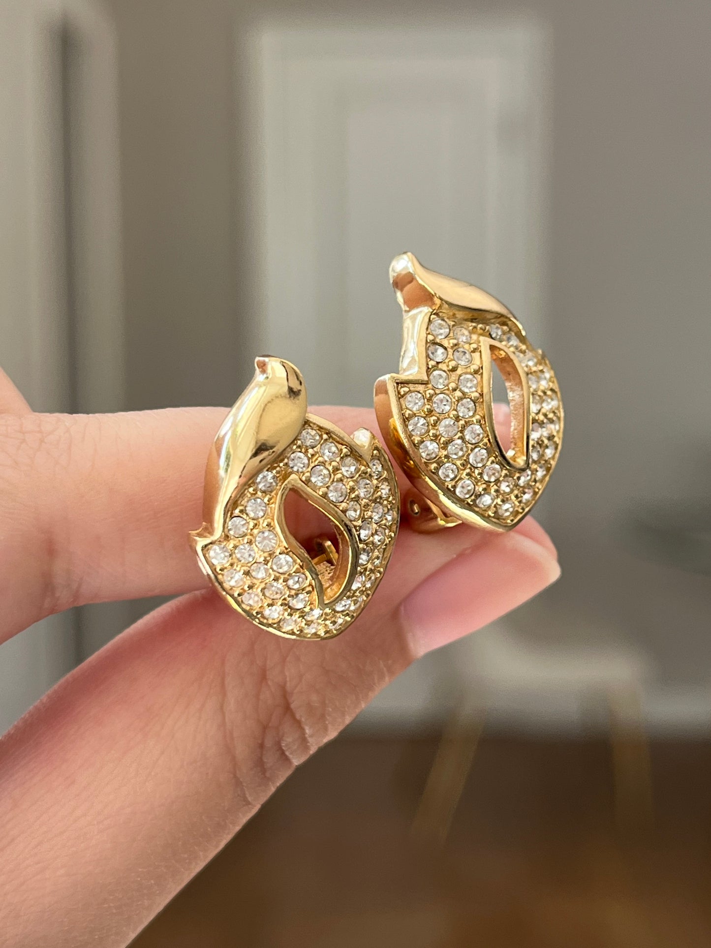 Vintage Christian Dior Pedal Flame Rhinestone Pavé Gold-Tone Clip-On Earrings