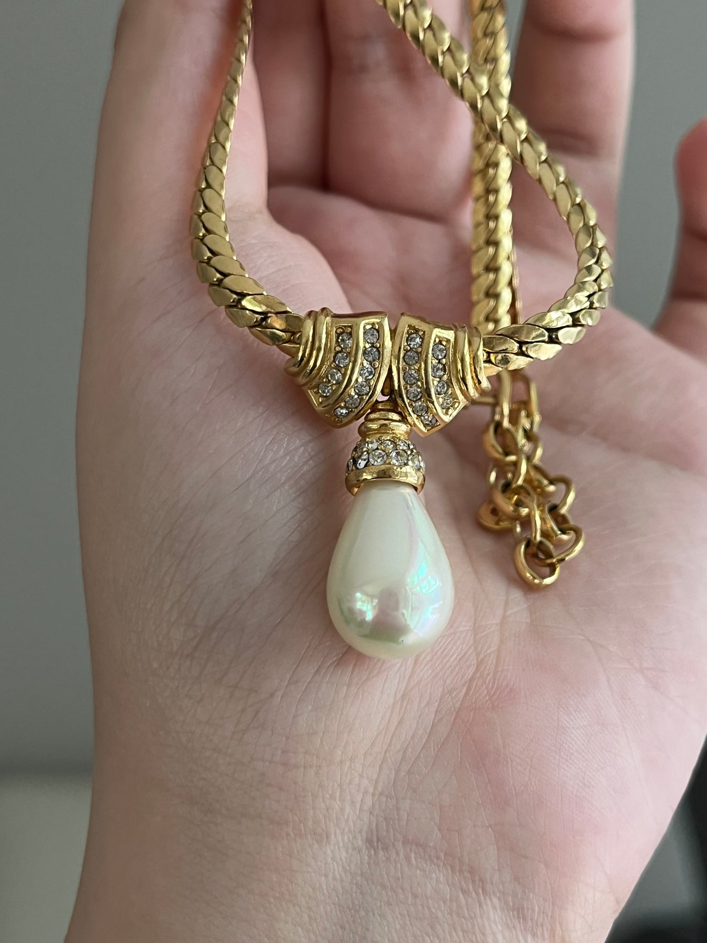 Vintage Christian Dior Rhinestone Knot Teardrop Pearl Drop Gold-Tone Necklace