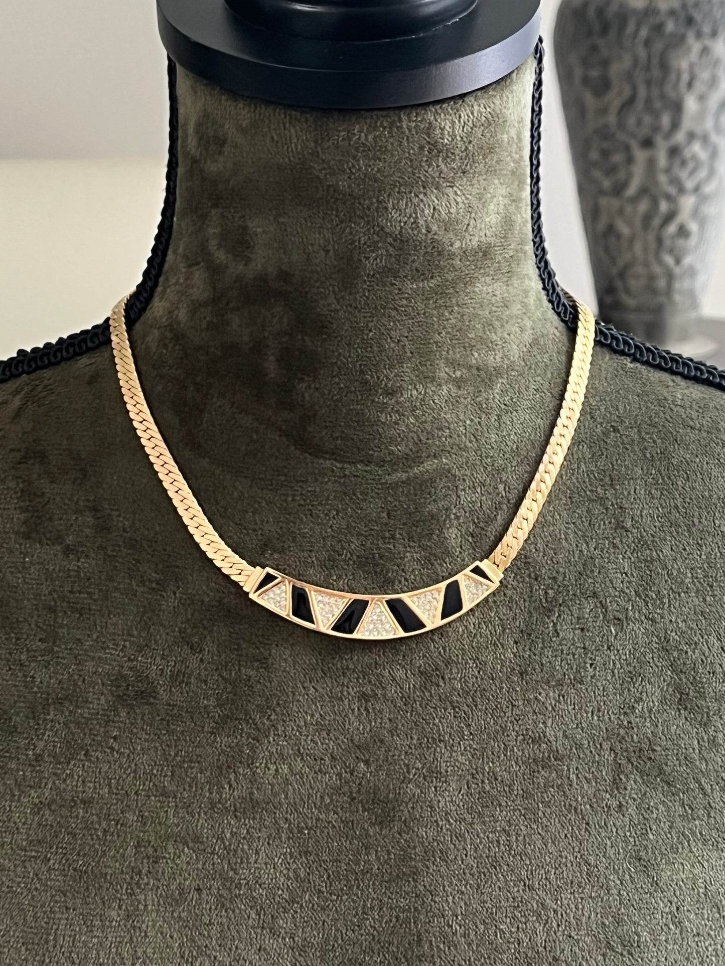 Vintage Christian Dior "Zebra" Crescent Moon Hoop Black Enamel Rhinestone Pavé Gold-Ton Chain Necklace