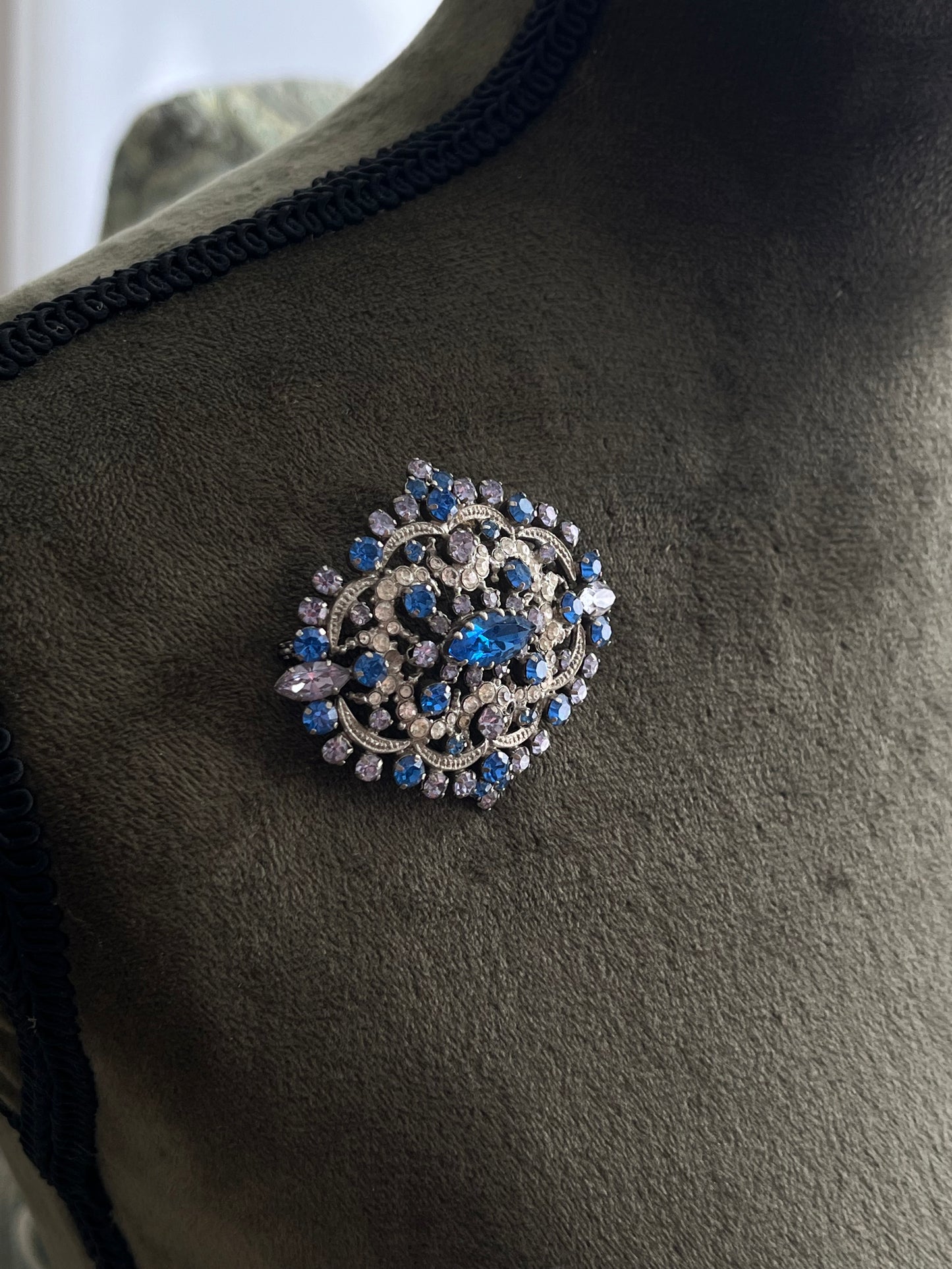 Vintage Made In Austria Blue Purple Clear Rhinestone Silver-Tone Brooch