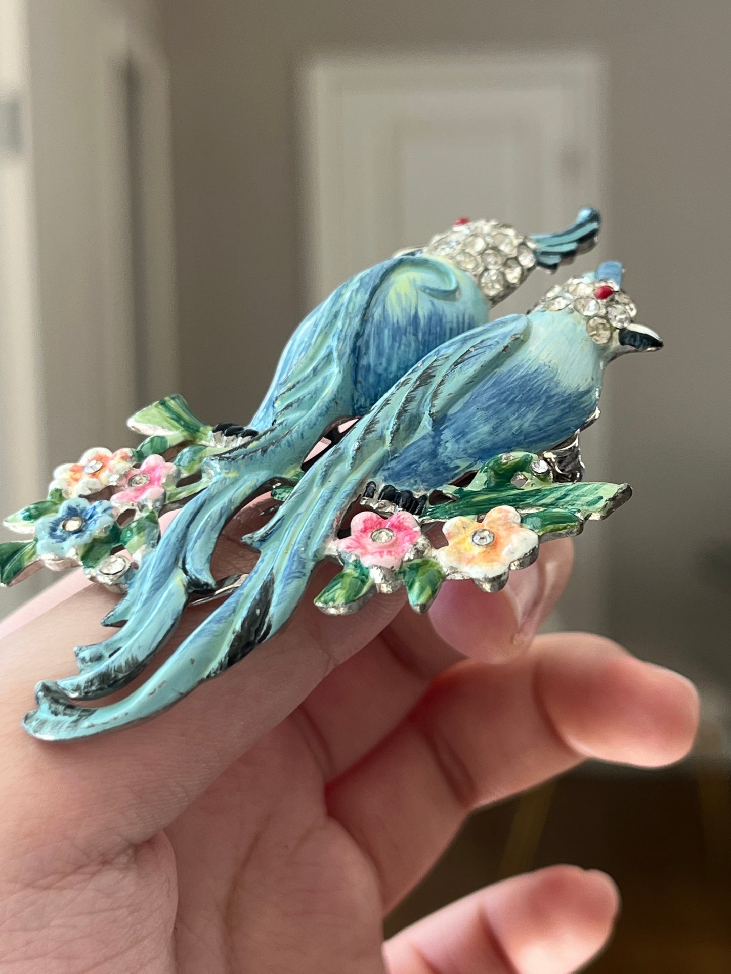 Vintage Coro Duette "Love Birds" Book Piece Parrot Blue Enamel Rhinestone Silver-Tone Brooch Fur Clip