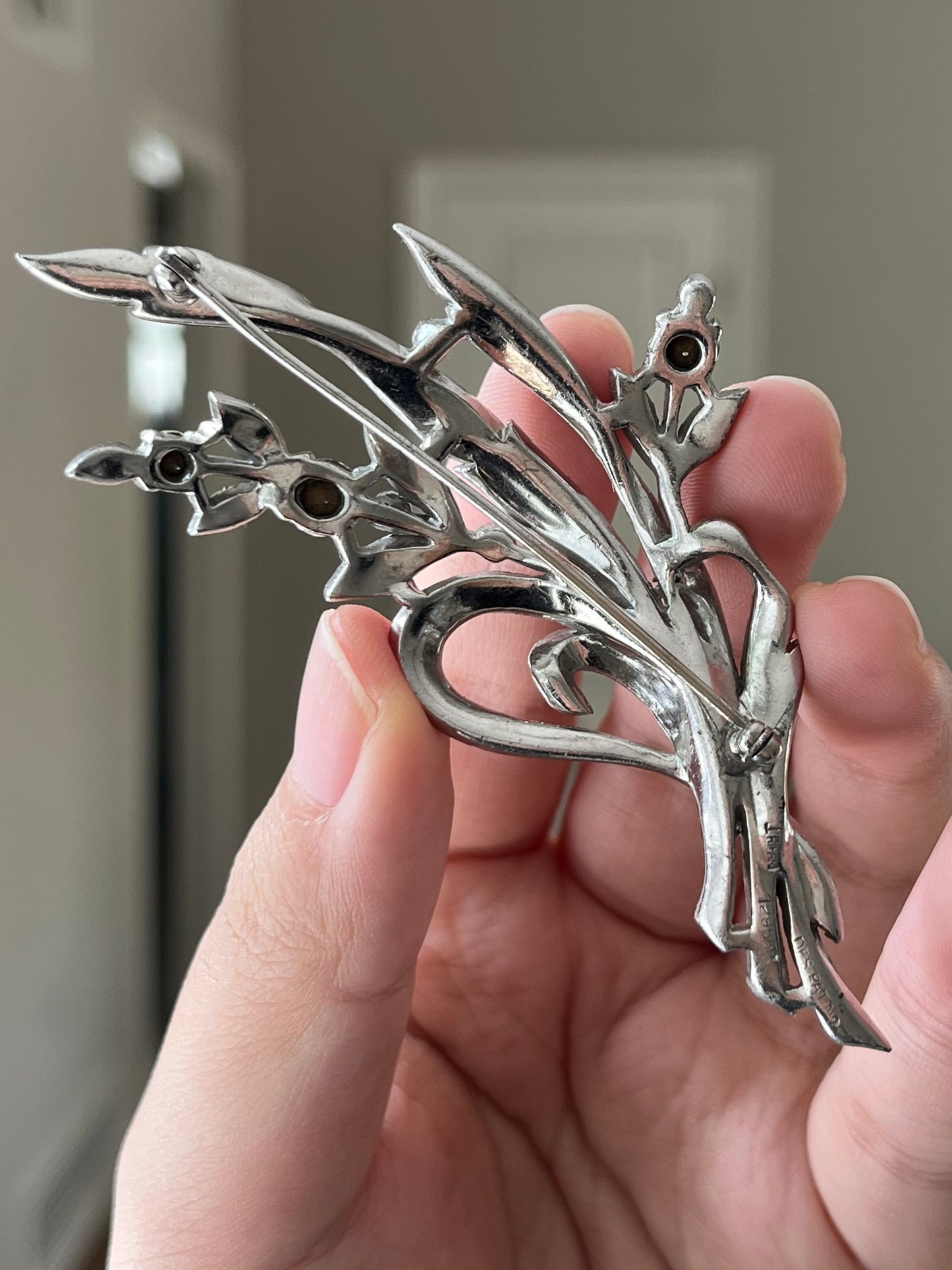 Vintage Crown Trifari 1941 Alfred Spaney Spray Bouquet Flower Rhinestone Silver-Tone Brooch