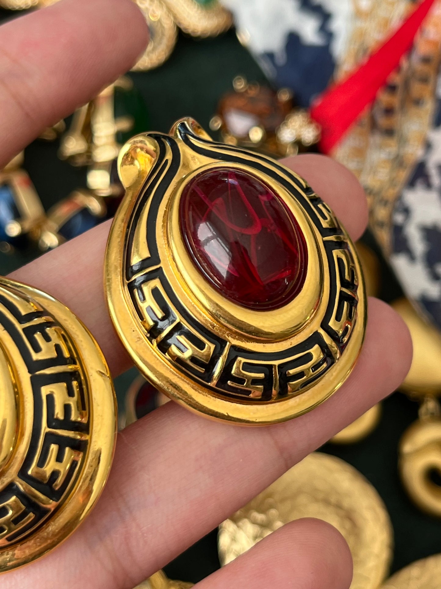 Vintage Fendi "Tulip" Collection Oval Red Swirly Poured Glass Cabochon Black Enamel Logo Gold-Tone Clip-On Earrings
