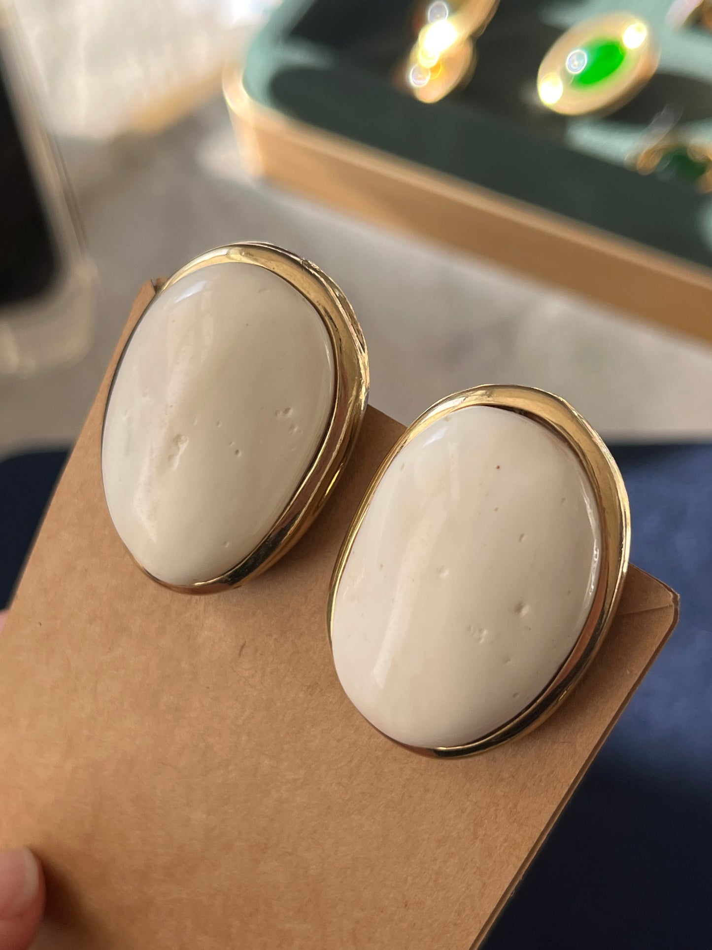 Vintage Givenchy Irregular Cream Faux Marble Shell Resin Cabochon Gold-Tone Clip-On Earrings