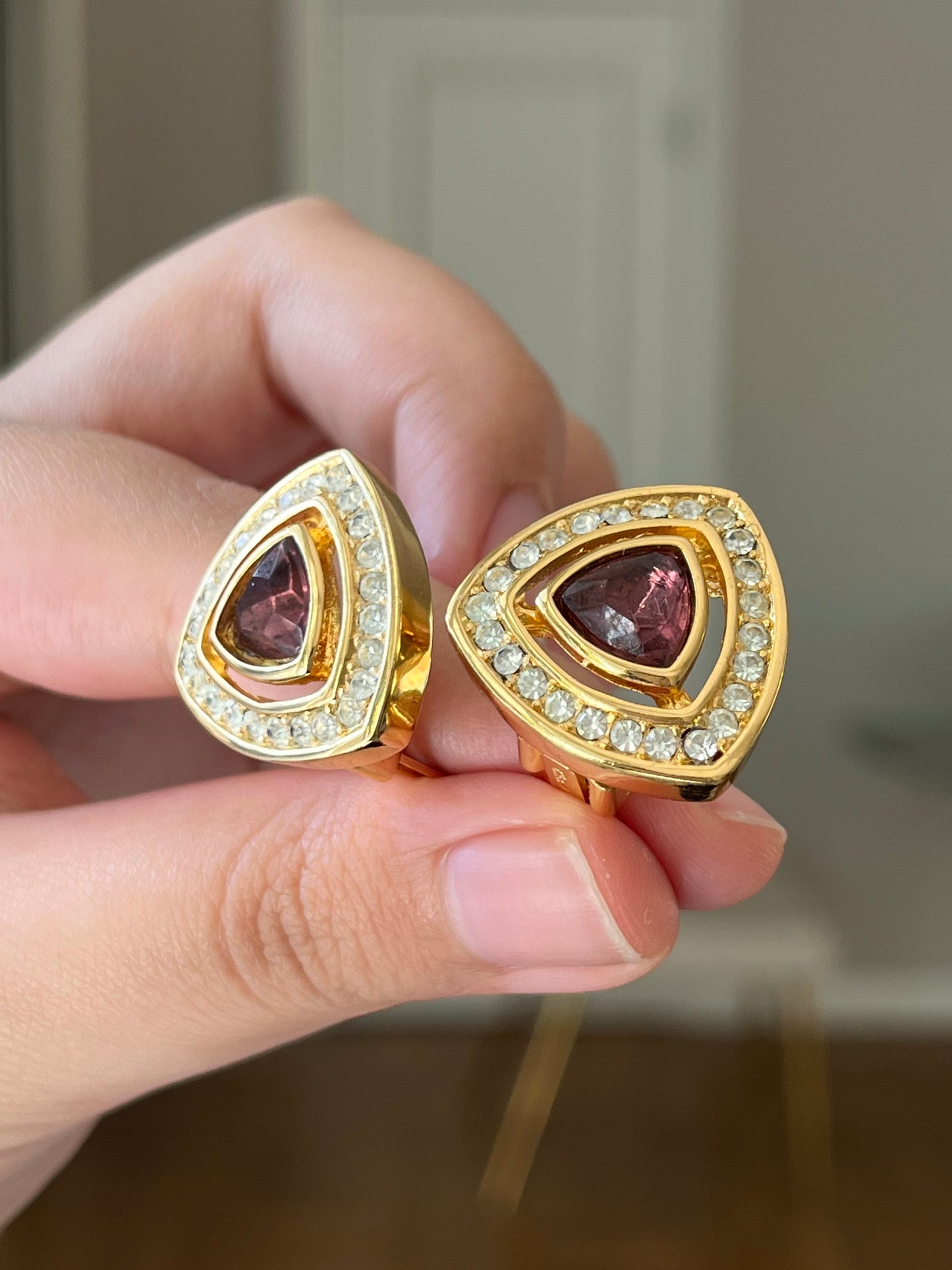 Vintage Christian Dior Triangular Purple Rhinestone Hollow Edge Gold-Tone Clip-On Earrings