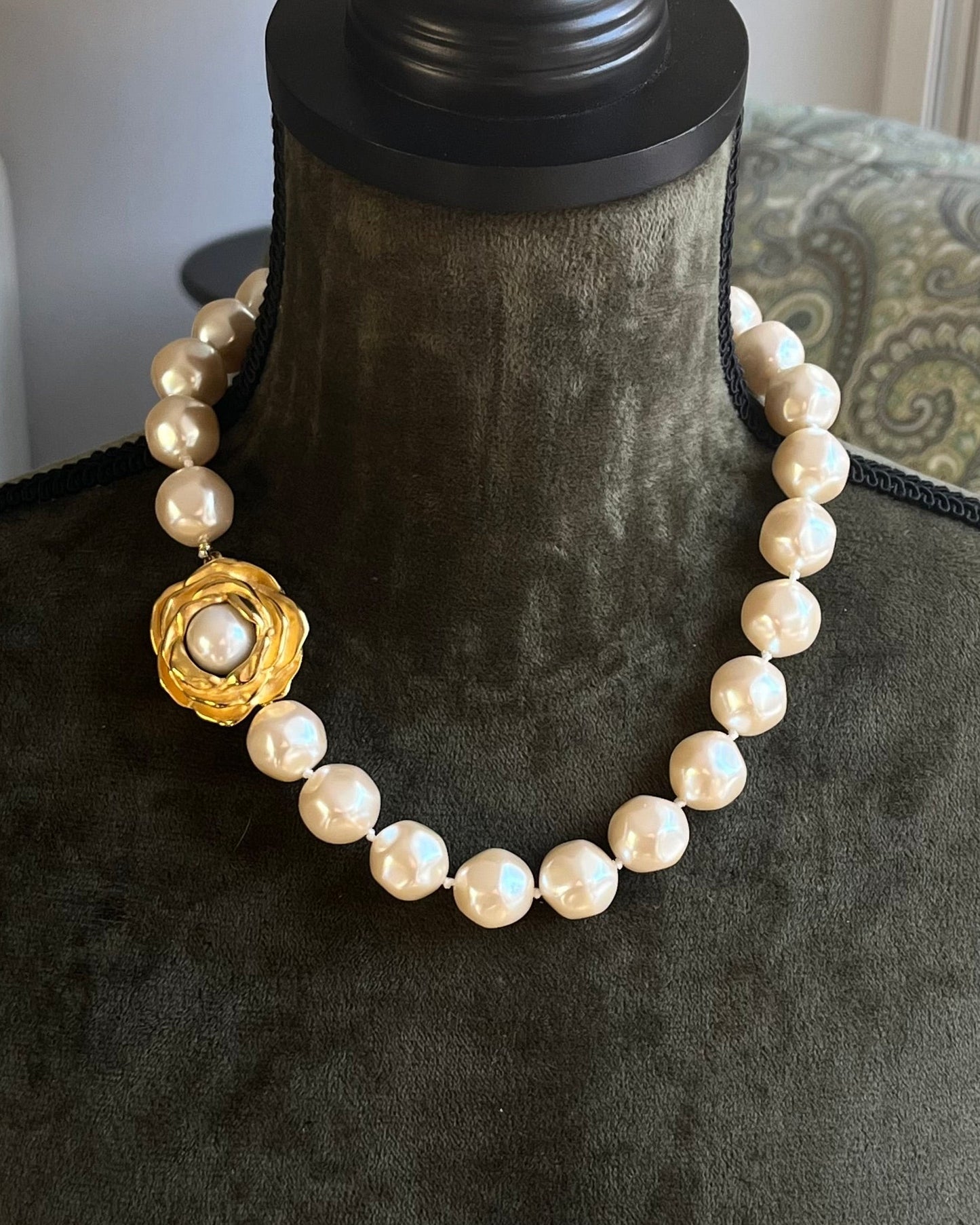 Vintage Givenchy "Rose" Collection Large Baroque Pearl Matte Gold Beaded Statement Necklace