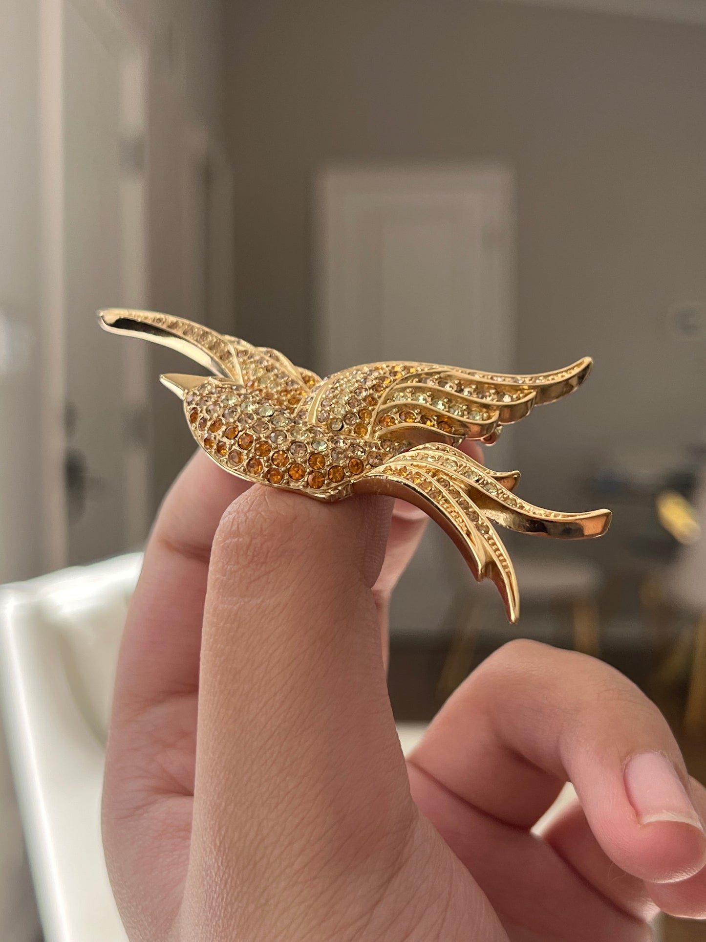 Vintage Christian Dior "Swallow" Bird Yellow Orange Rhinestone Pavé Gold-Tone Brooch