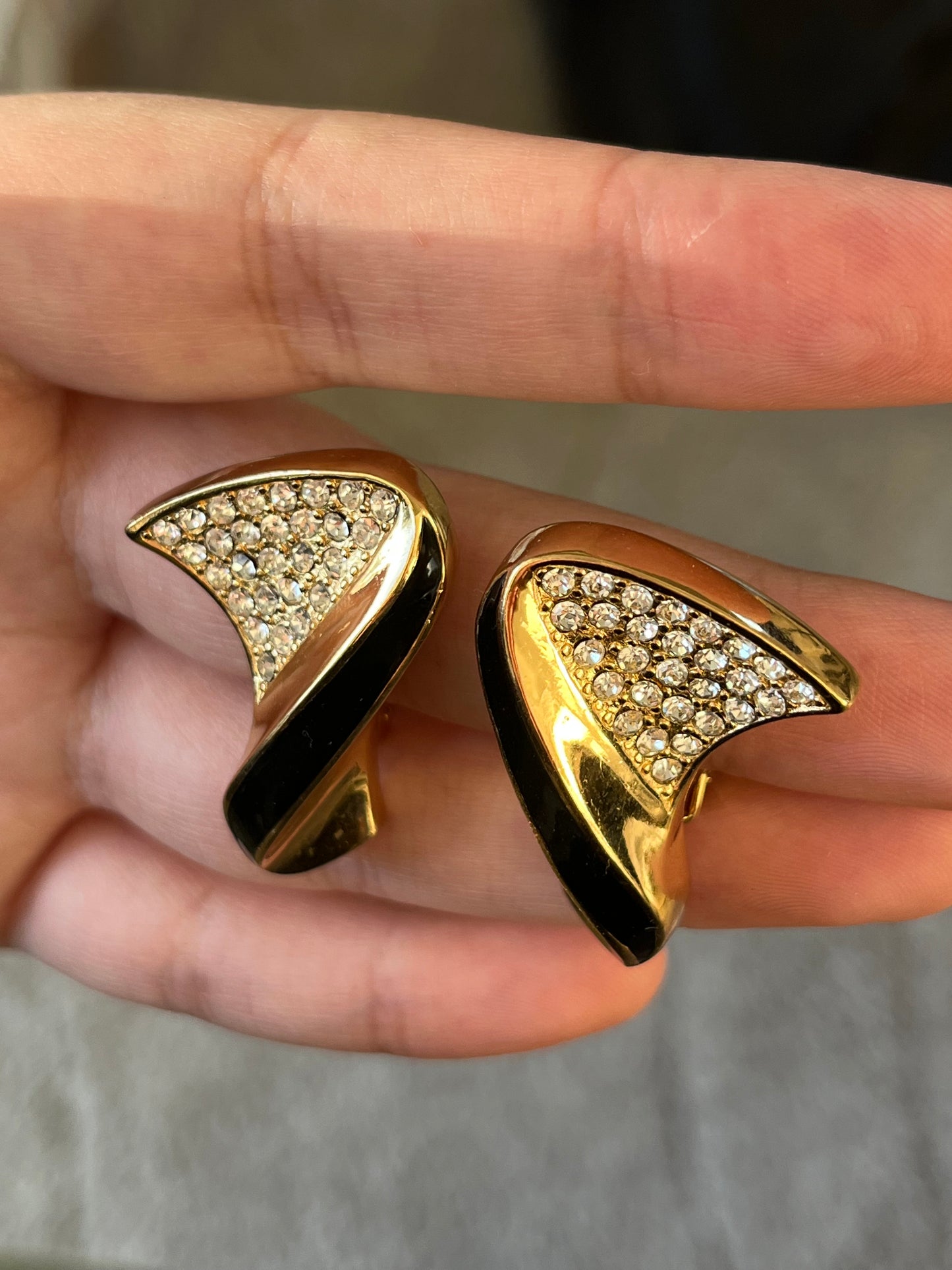 Vintage Christian Dior Classic Twisted Fan Black Enamel Rhinestone Pavé Gold-Tone Clip-On Earrings