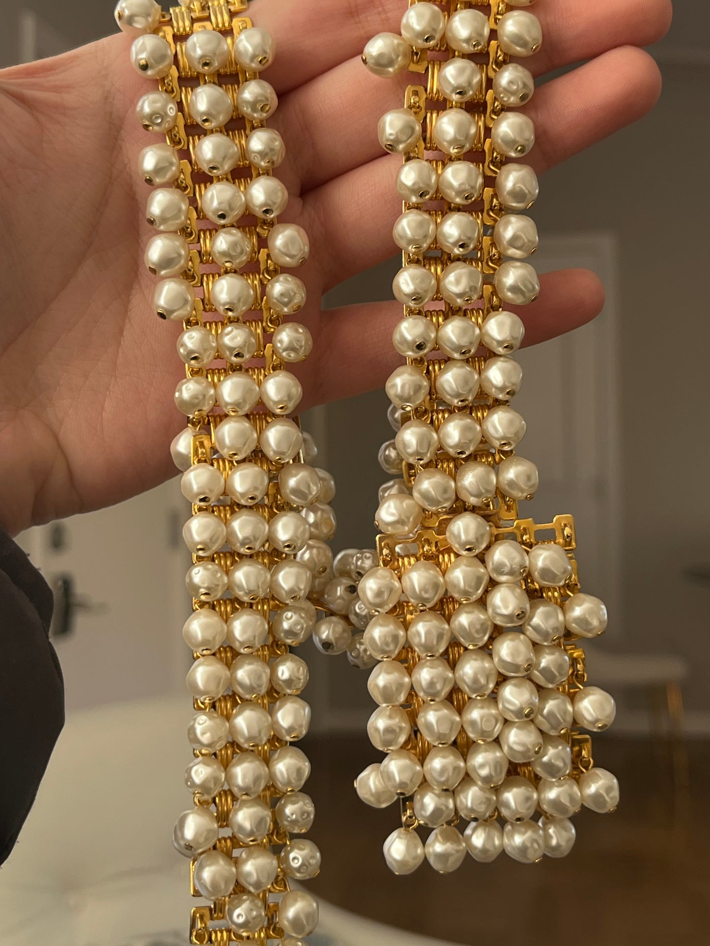 Vintage Christian Dior Baroque Pearl Tassel Droplet Gold-Tone Wide Waist Chain Belt