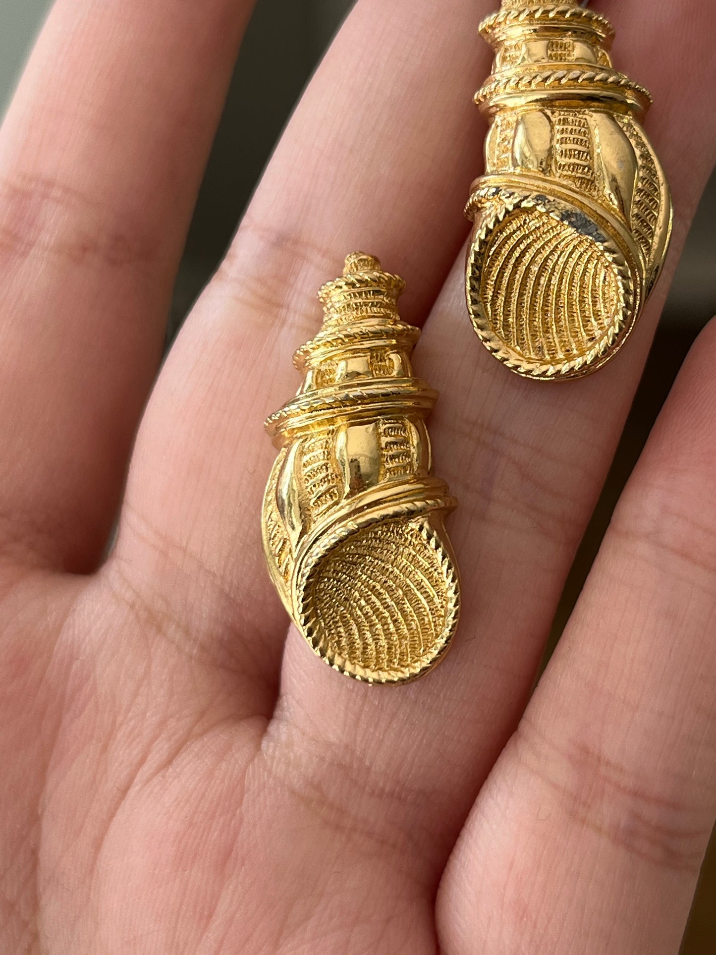 Vintage Christian Dior Sea Shell Brushed Gold-Tone 14k Gold Post Pierced Earrings