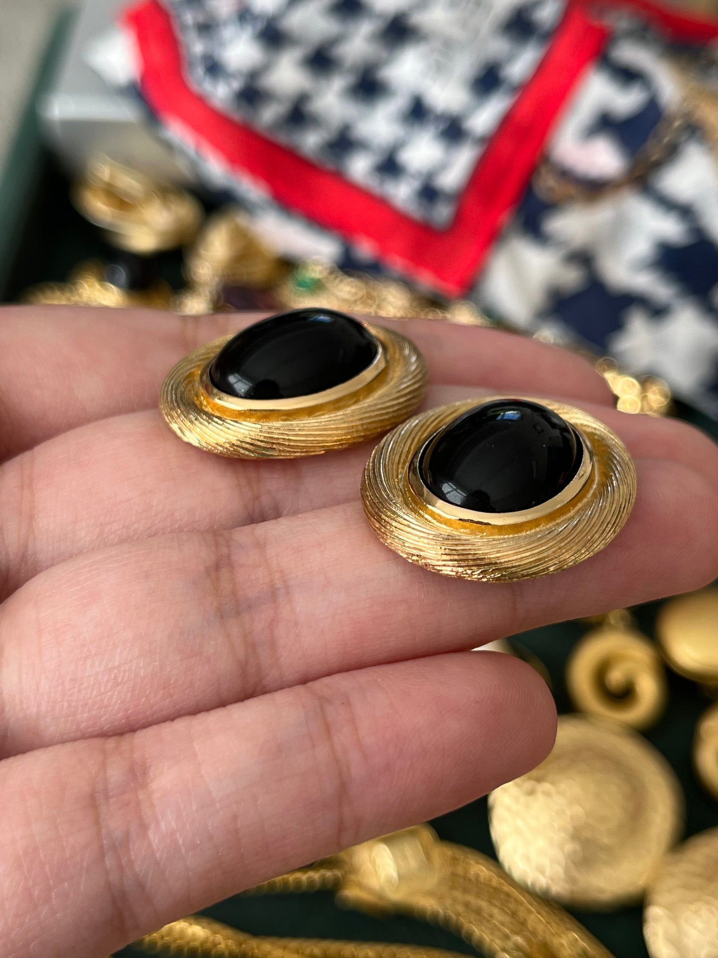 Vintage Christian Dior Oval Black Poured Glass Cabochon Brushed Gold Edge 14k Gold Post Pierced Earrings