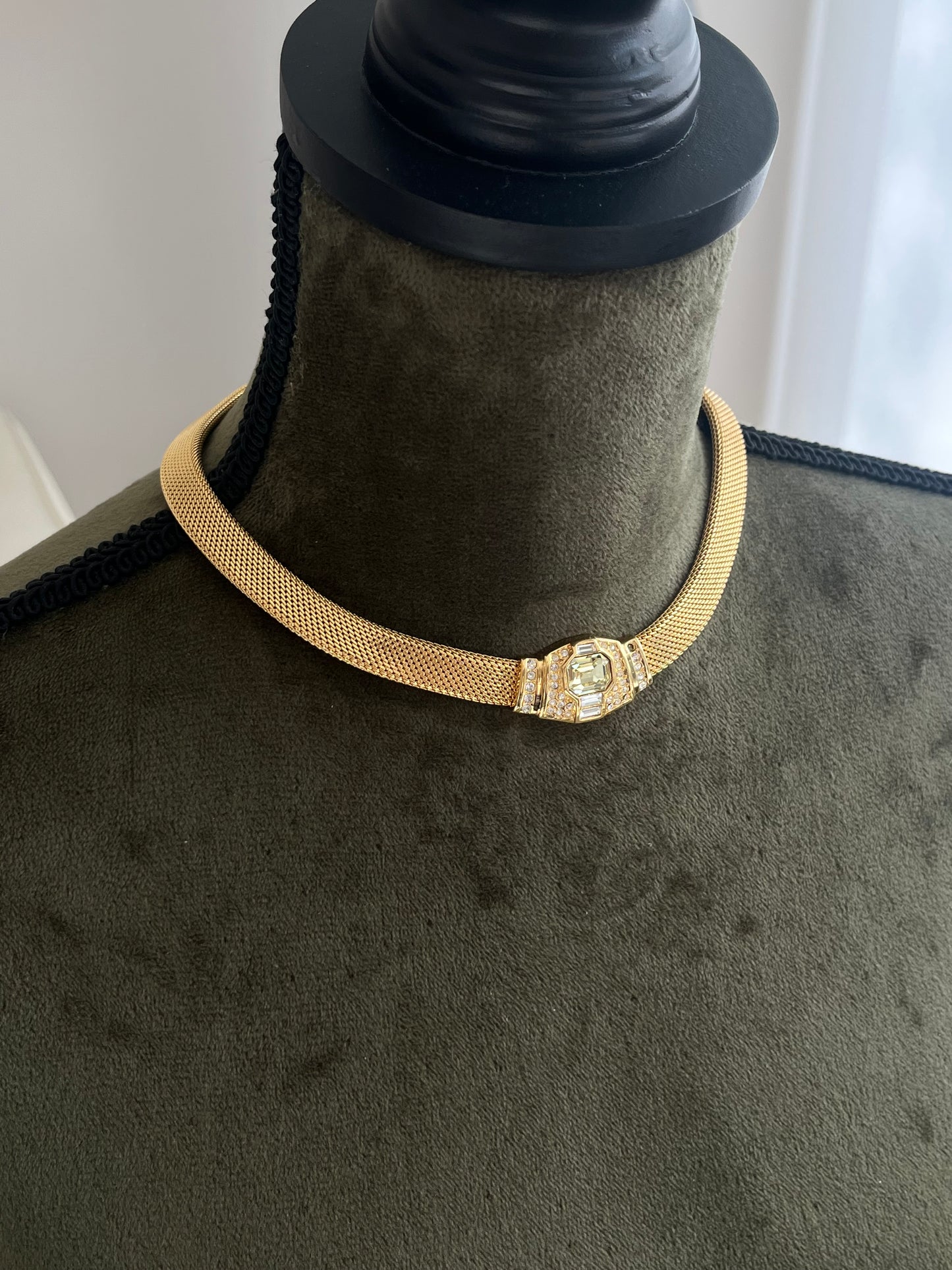 Vintage Christian Dior Rectangular Greenish Yellow Rhinestone Thick Braided Mesh Chain Gold-Tone Choker Necklace