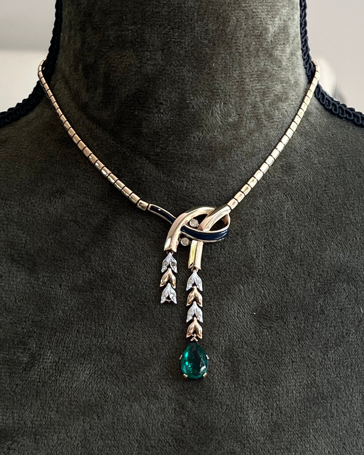 Vintage Trifari “Empress Eugénie” Collection 1940s Oval Topaz Droplet Gold Silver Two-Tone Y Necklace