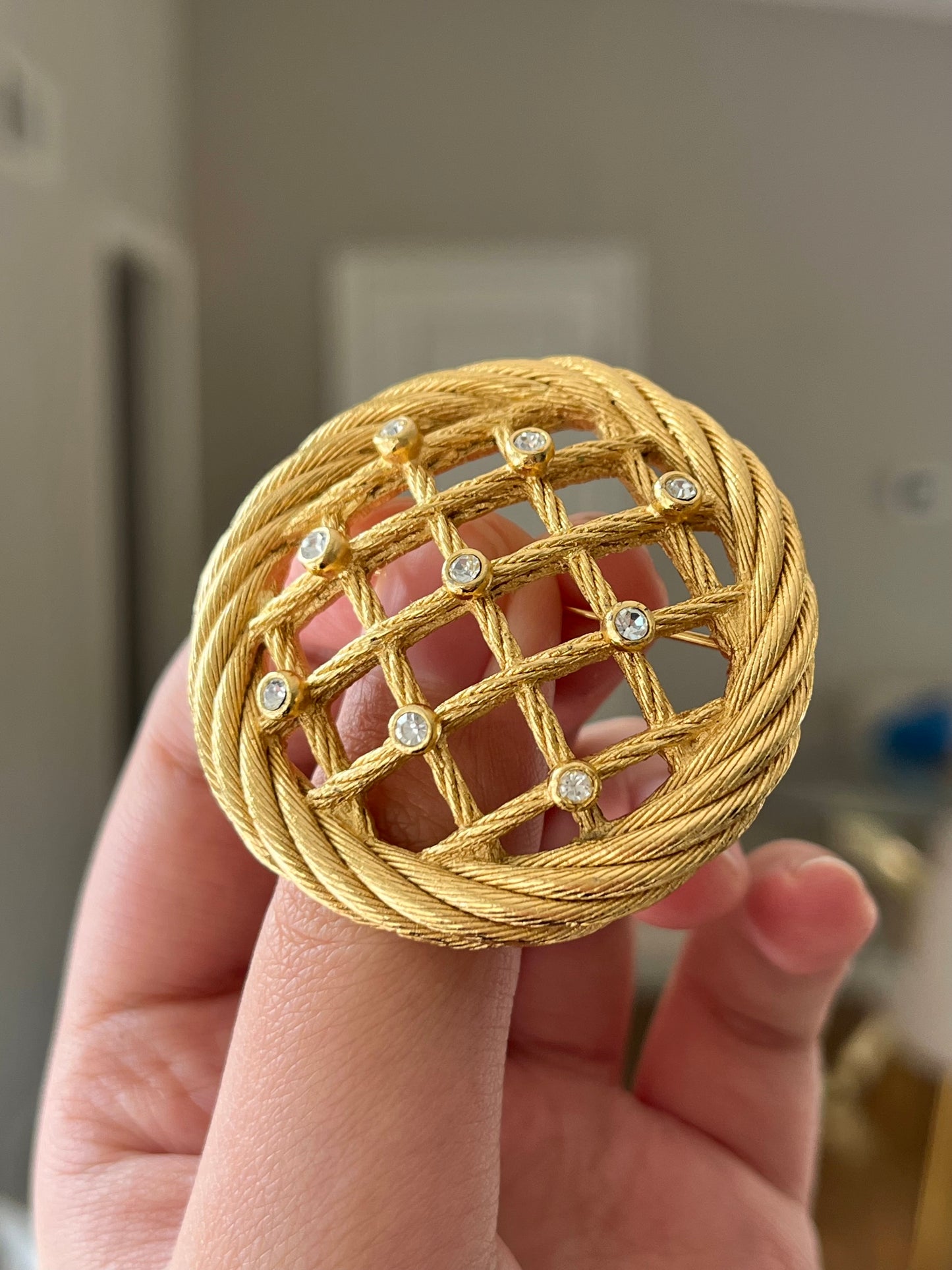 Vintage Christian Dior "Rope" Collection Dream Catcher Braided Knot Rhinestone Round Gold-Tone Brooch