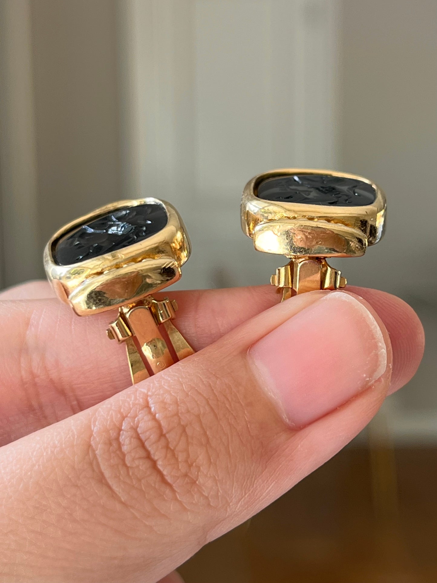 Vintage Givenchy Greek Hoplite Cameo Black Molded Glass Cabochon Gold-Tone Clip-On Earrings