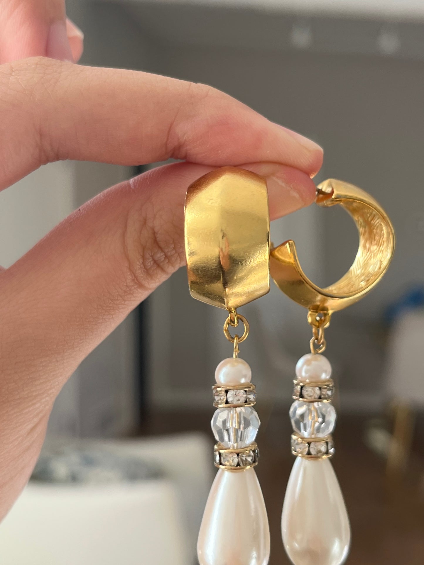 Vintage Givenchy Matte Gold Hoop Crystal Teardrop Pearl Dangle Drop  Long Shoulder Brush Sterling Silver Post Pierced Earrings